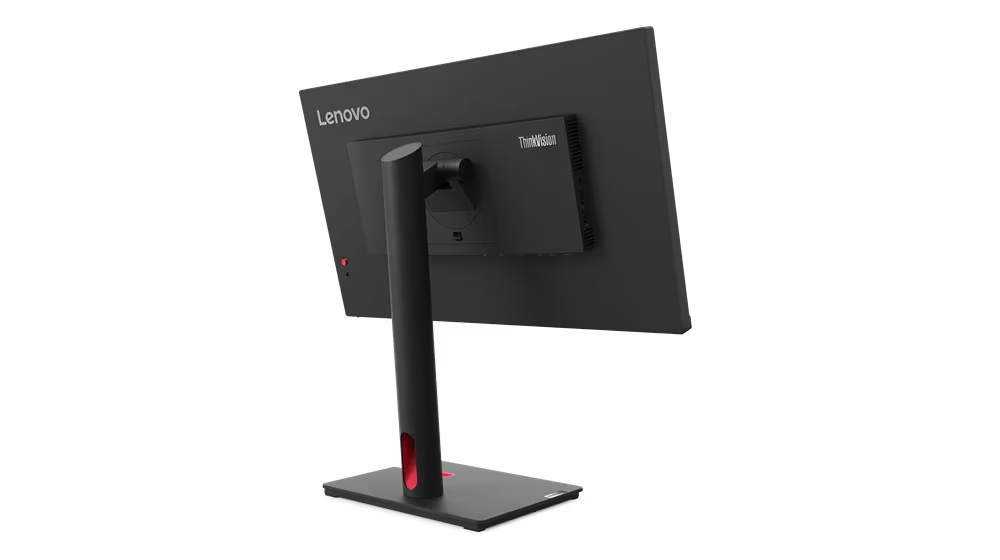 La parte trasera de un monitor Lenovo negro con soporte. El logotipo de ThinkVision es visible.