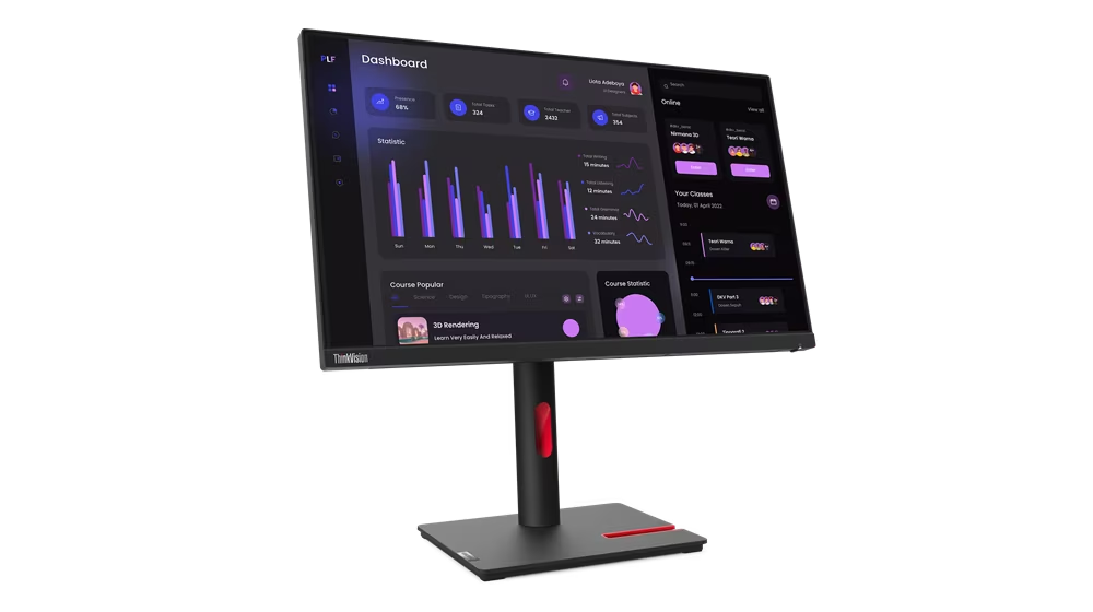 Monitor sobre un soporte que muestra una interfaz de panel en un fondo negro.