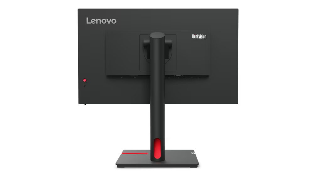 Vista trasera del monitor Lenovo negro. Logotipos de Lenovo y ThinkVision visibles.