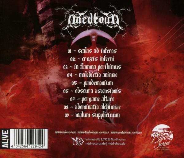 Rückseite einer CD-Hülle mit Titelliste. Texte auf Latein, Infos und Albumcover auf Rot.
