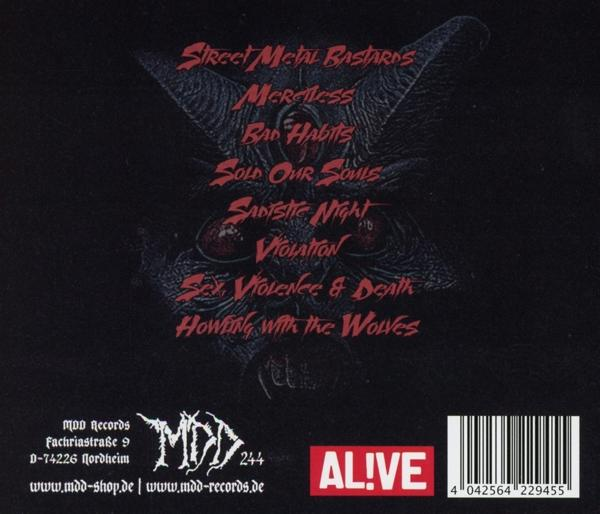 CD-Cover mit rotem Text, eine teufelähnliche Figur mit roten Augen. Das CD-Label befindet sich unten.