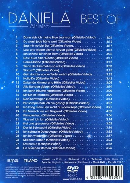 DVD-Rückseite mit Titeln und Credits. Blauer Hintergrund mit weißem Text. Daniela Best Of Album.