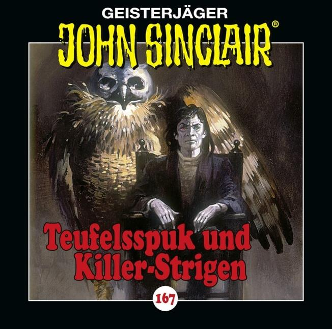 Buchcover mit Mann im Stuhl, Eule. Text: John Sinclair, Geisterjäger, Teufelsspuk und Killer-Strigen.