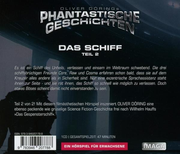 Buchcover mit Text. Der Titel lautet 'Das Schiff'. Dunkler Hintergrund.
