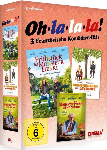 DVD-Box-Set mit drei französischen Comedy-Film-Covern. Rosa-weißer Hintergrund mit Text.