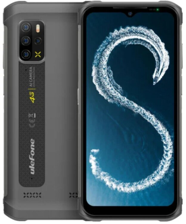Ciemnoszary smartfon Ulefone z ekranem wyświetlającym biały wir na niebieskim tle. Widoczny jest potrójny aparat.