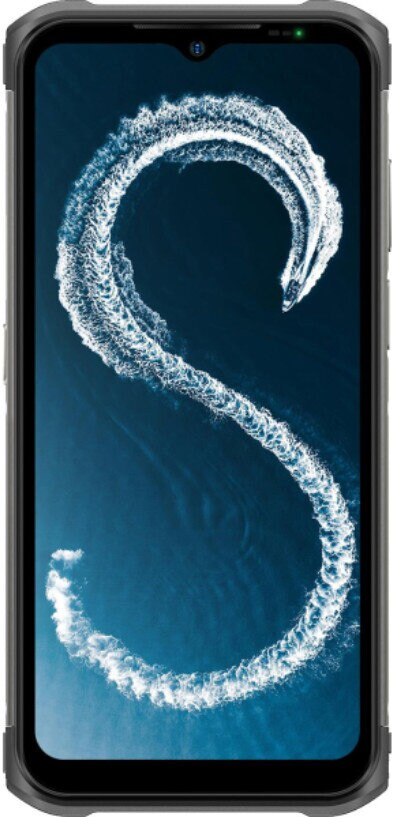Smartfon wyświetla niebieski ekran z białym śladem w kształcie litery S, prawdopodobnie od łodzi. Telefon ma czarną ramkę.