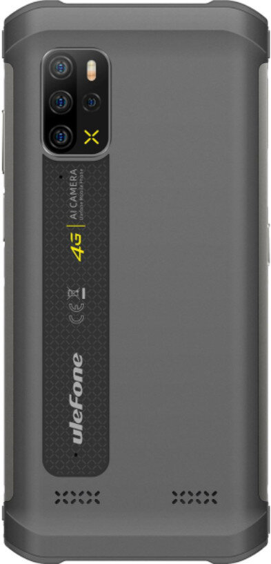 Tył szarego smartfona Ulefone. Ma moduł aparatu z 4 obiektywami, pionowy czarny pasek z tekstem i głośnik.