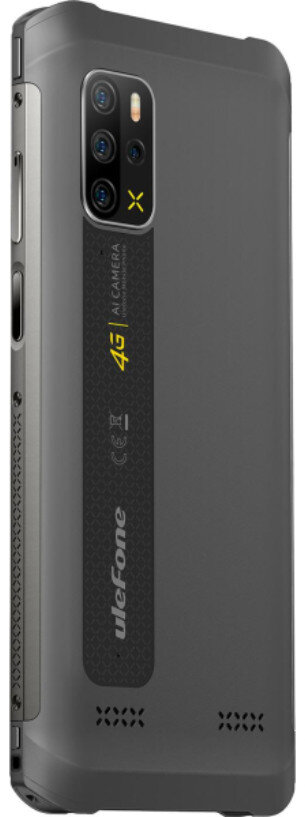 Ciemnoszary smartfon z wieloma aparatami i żółtym symbolem 'X'. Telefon posiada etykiety 4G i AI camera.