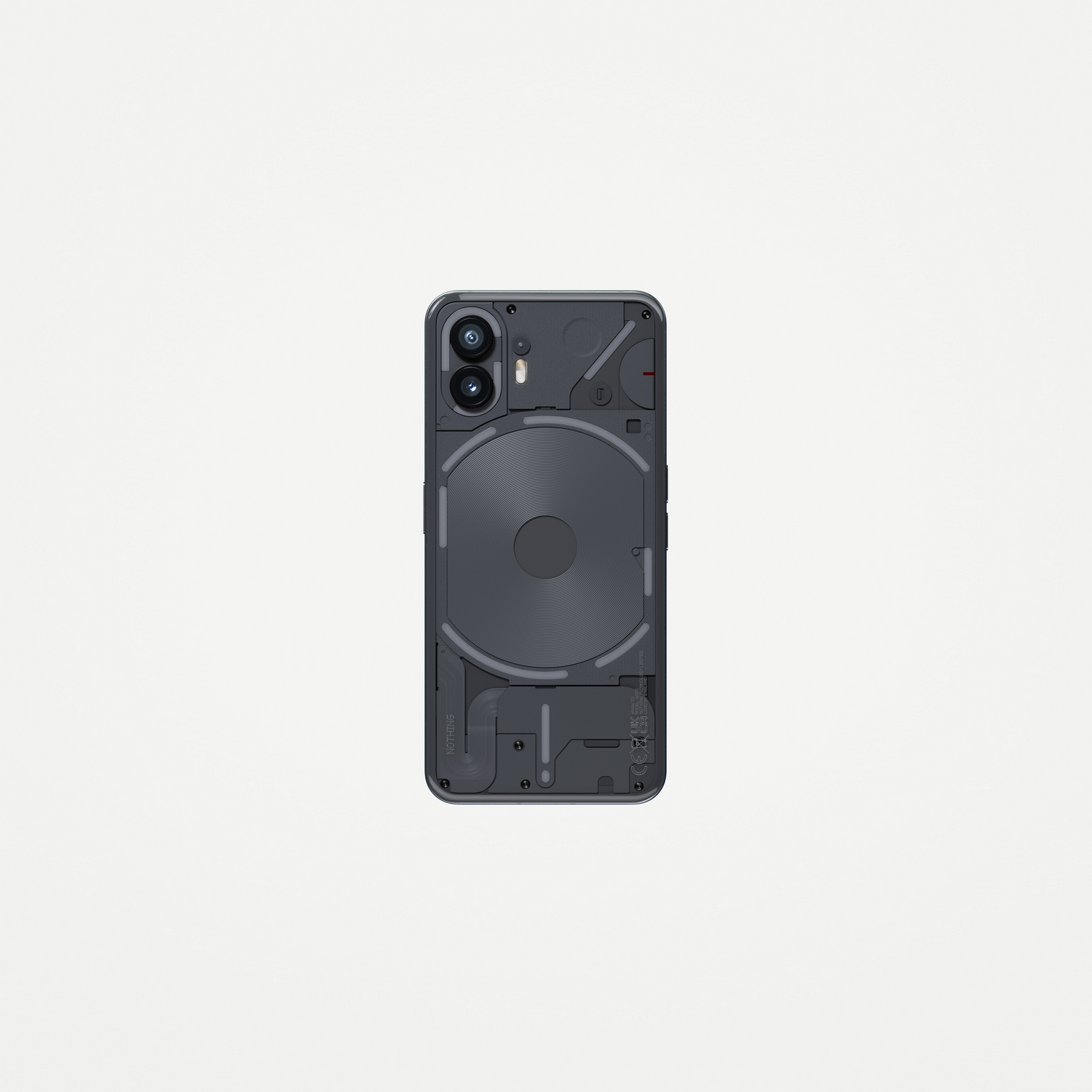 Parte trasera de un teléfono Nothing negro. El diseño presenta elementos transparentes y cámaras duales.