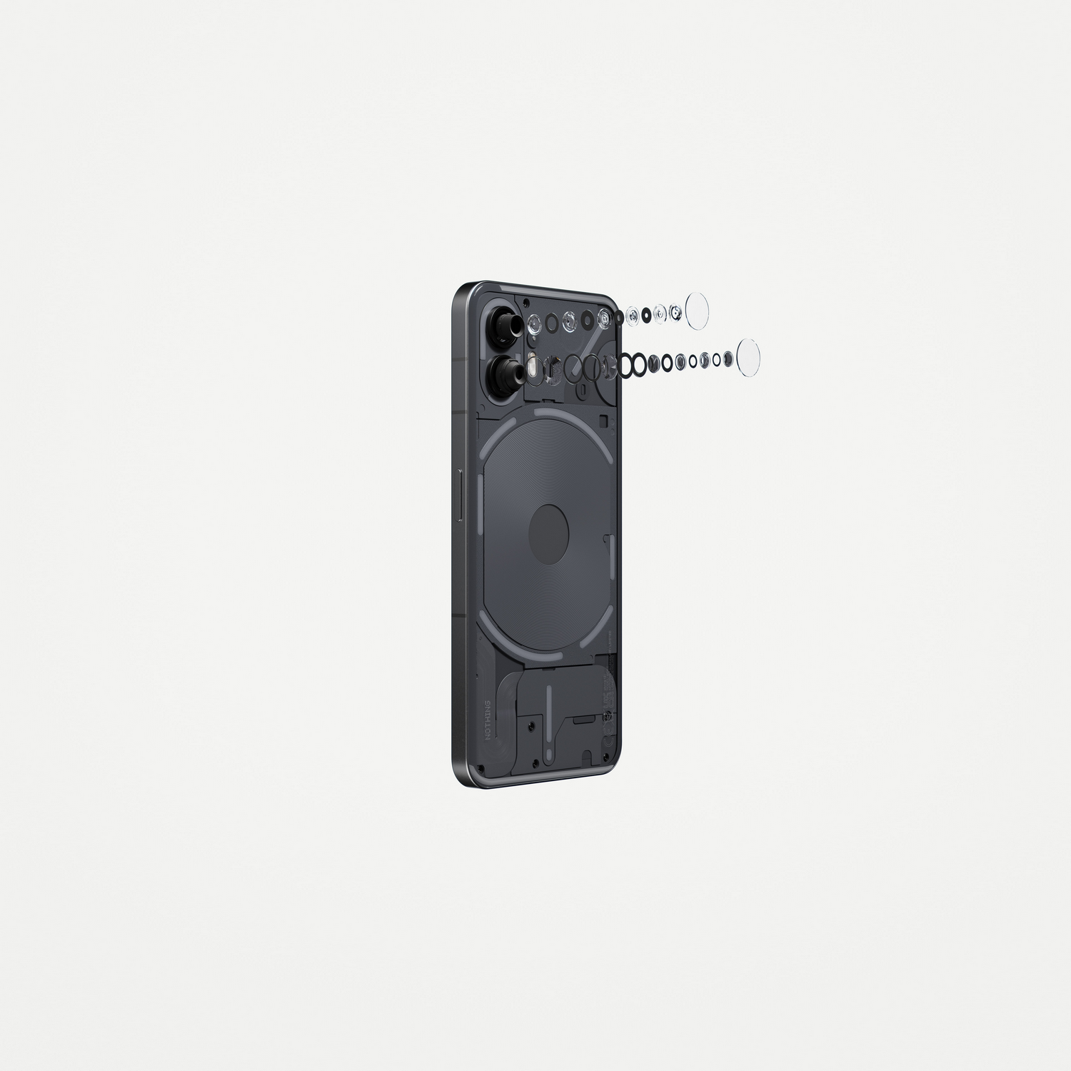 Smartphone negro con parte trasera transparente que revela componentes internos.