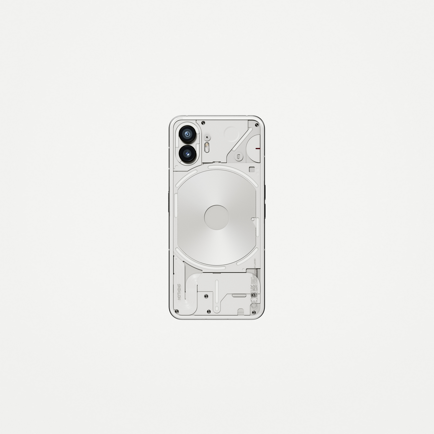Un smartphone blanco con parte trasera transparente, mostrando componentes internos.