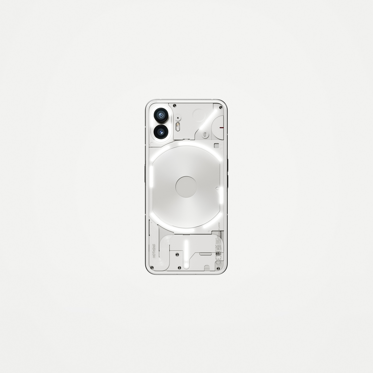 Un teléfono Nothing blanco con la parte trasera transparente, mostrando componentes internos, sobre un fondo blanco.