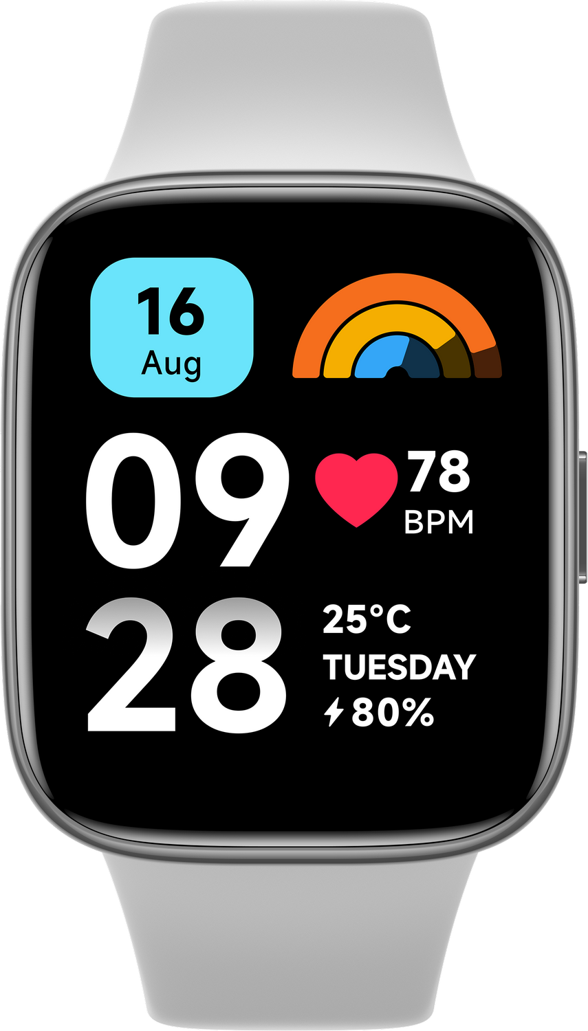 Un smartwatch que muestra la hora, fecha, frecuencia cardíaca y estadísticas de actividad. Correa gris.