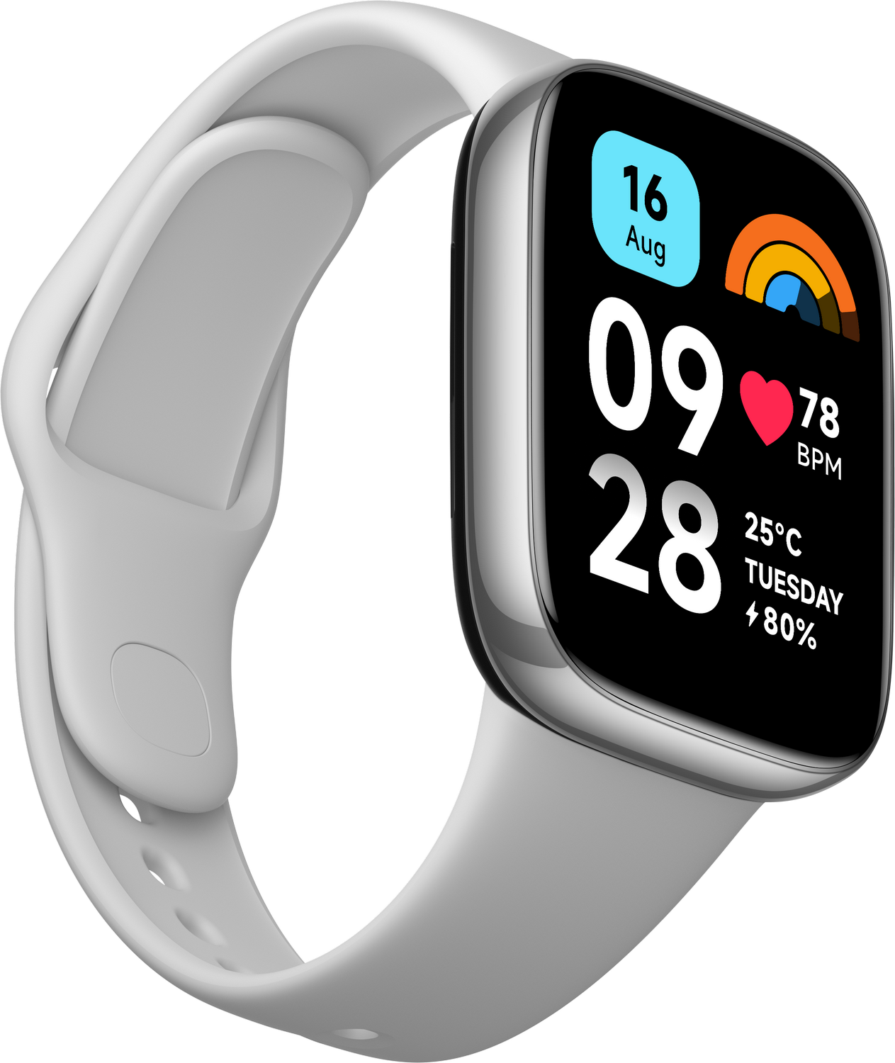 Un reloj inteligente gris con correa blanca. La pantalla muestra fecha, hora, frecuencia cardíaca, temperatura y batería.