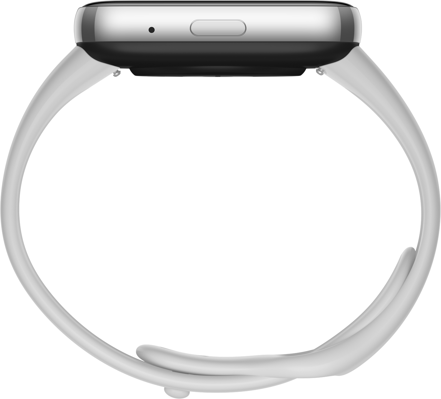 Reloj inteligente blanco con correa blanca, vista lateral.