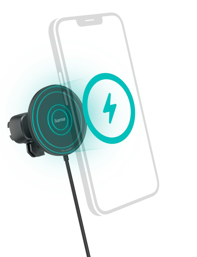 Egy telefon vezeték nélkül töltődik egy autós tartón, világoskék fénnyel.
