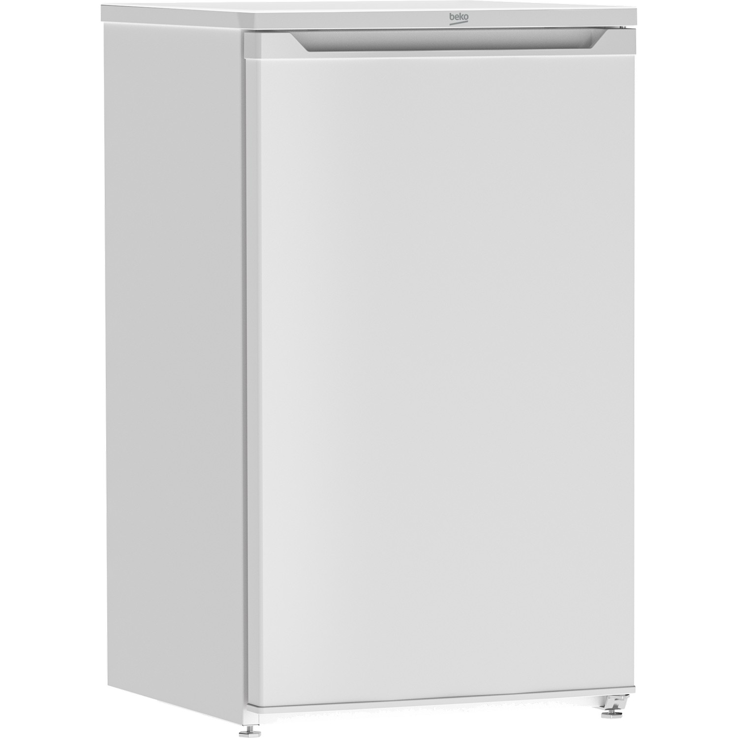 White refrigerator with the beko logo. Closed door. Silver handle. Standing on the floor.