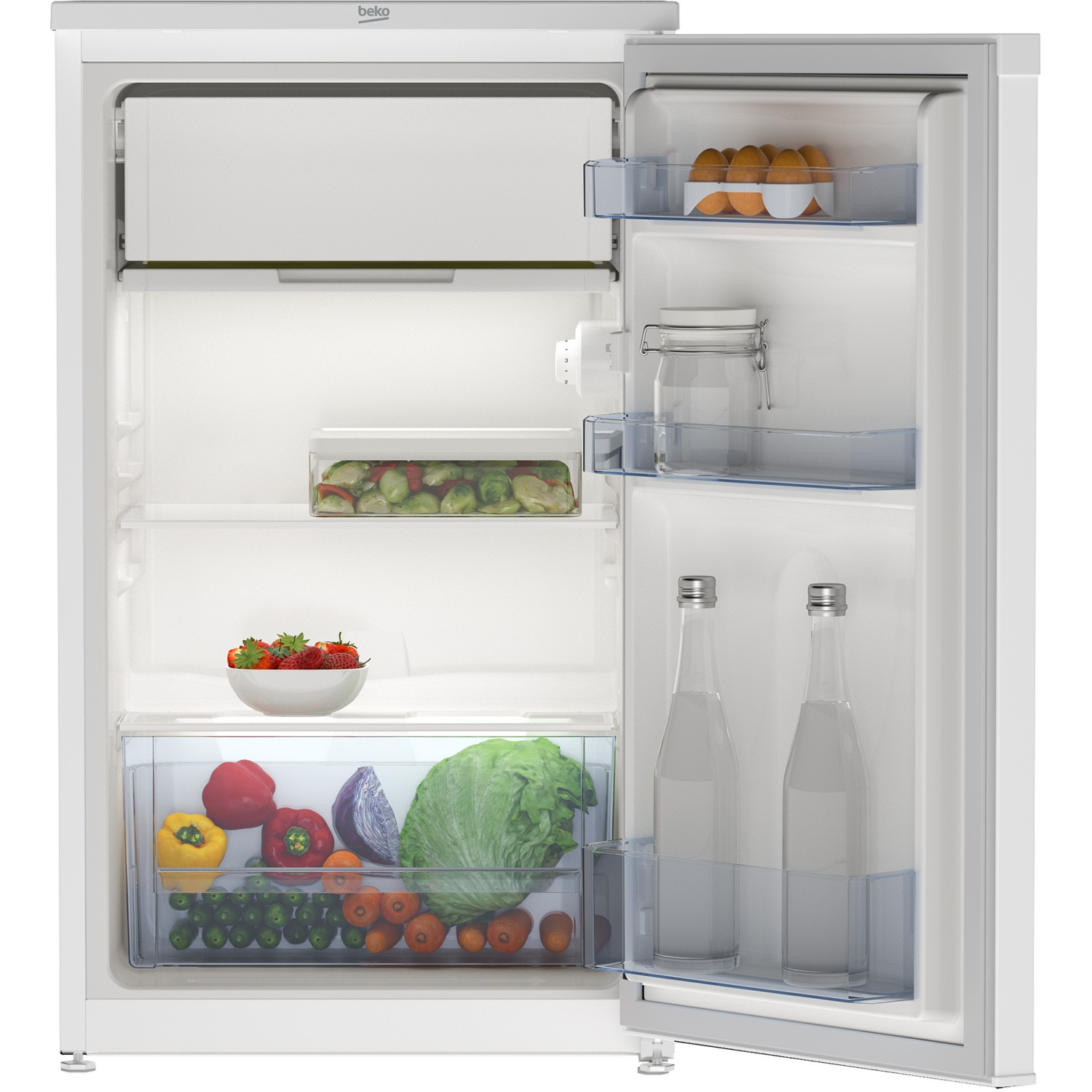 Open white refrigerator with food inside.