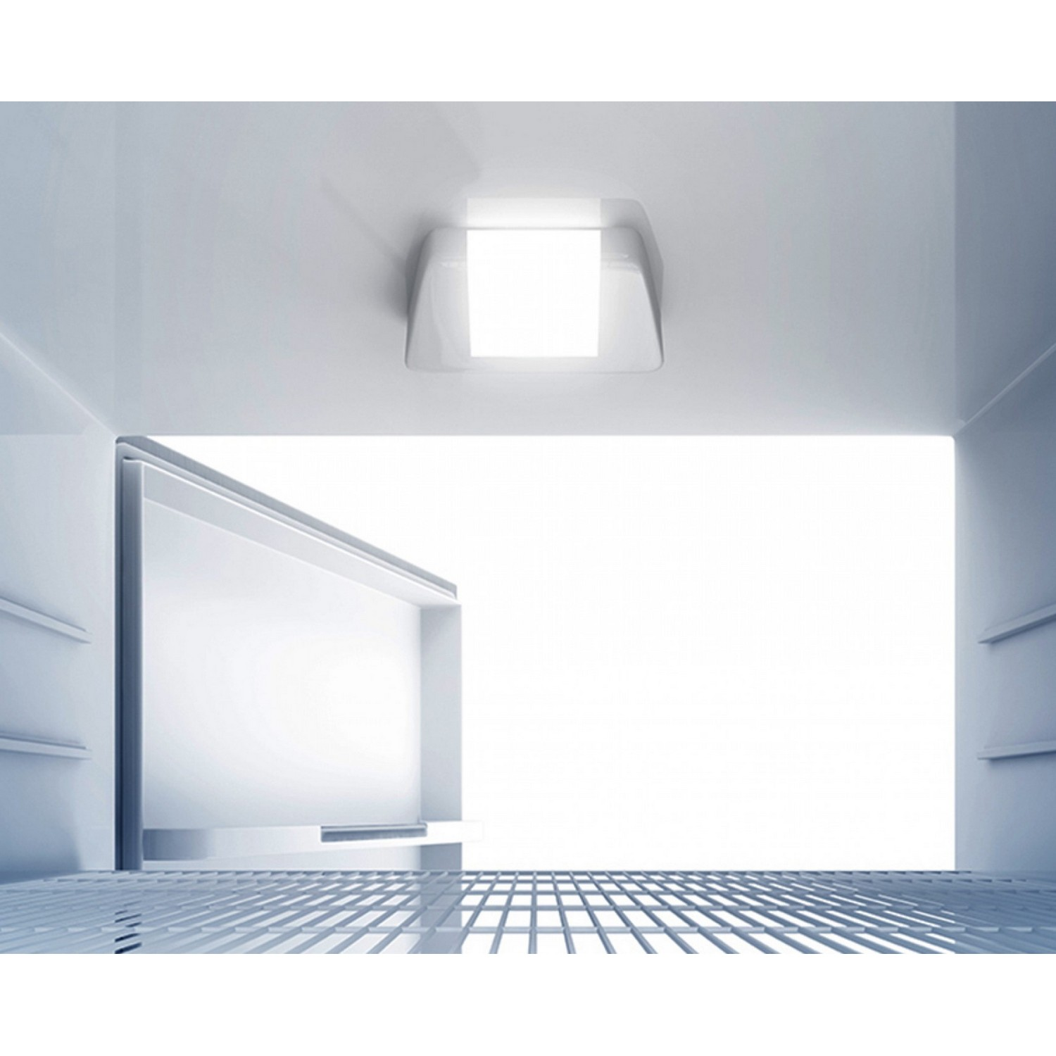 Refrigerator interior with the door open. Empty shelves and a bright light at the top.