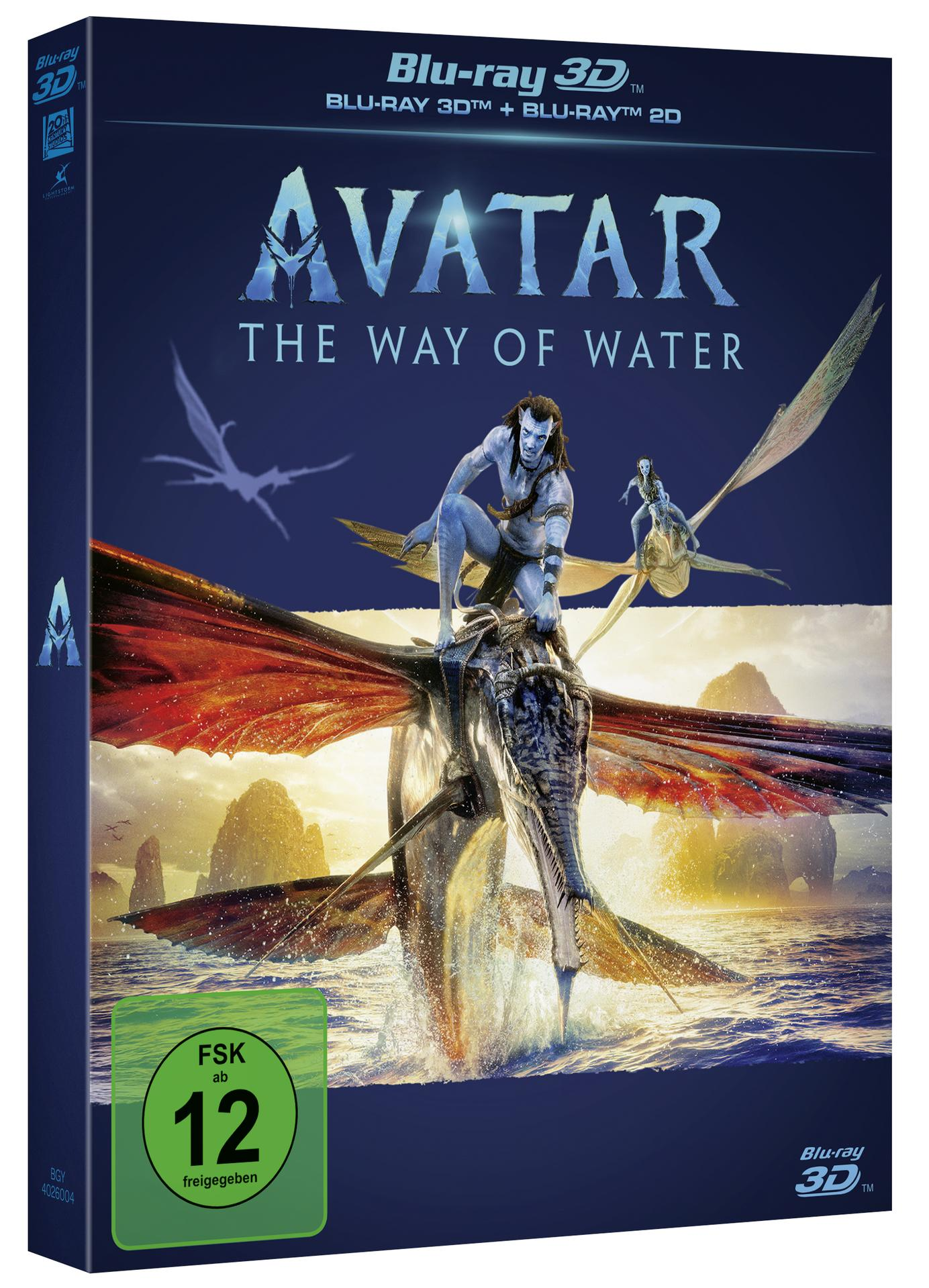 Blu-ray von 'Avatar: The Way of Water'. Zeigt einen Na'vi auf einer Meereskreatur.