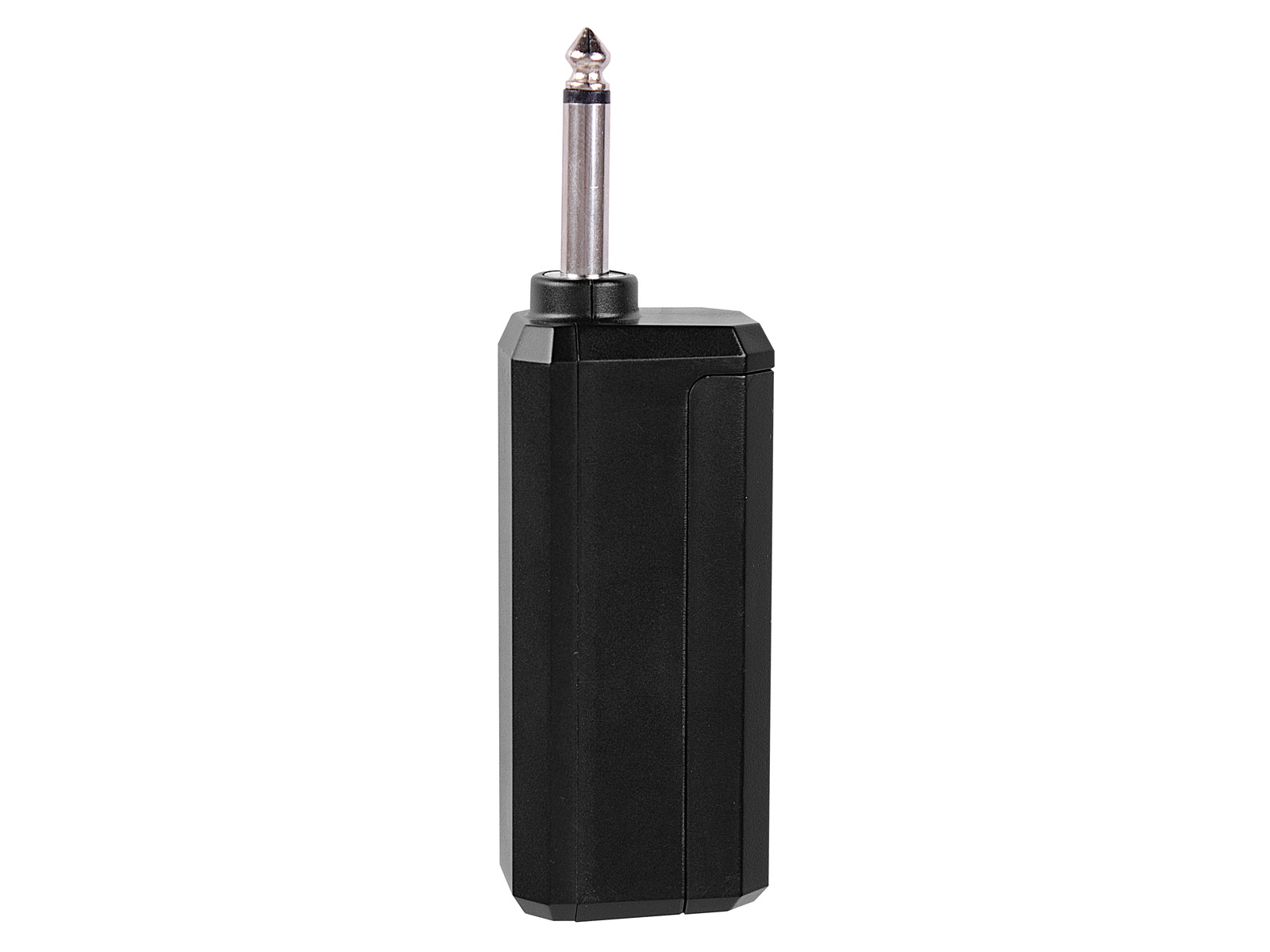 Schwarzer Audio-Klinkenadapter. Zylindrischer Stecker oben. Rechteckiger Körper. Weißer Hintergrund.