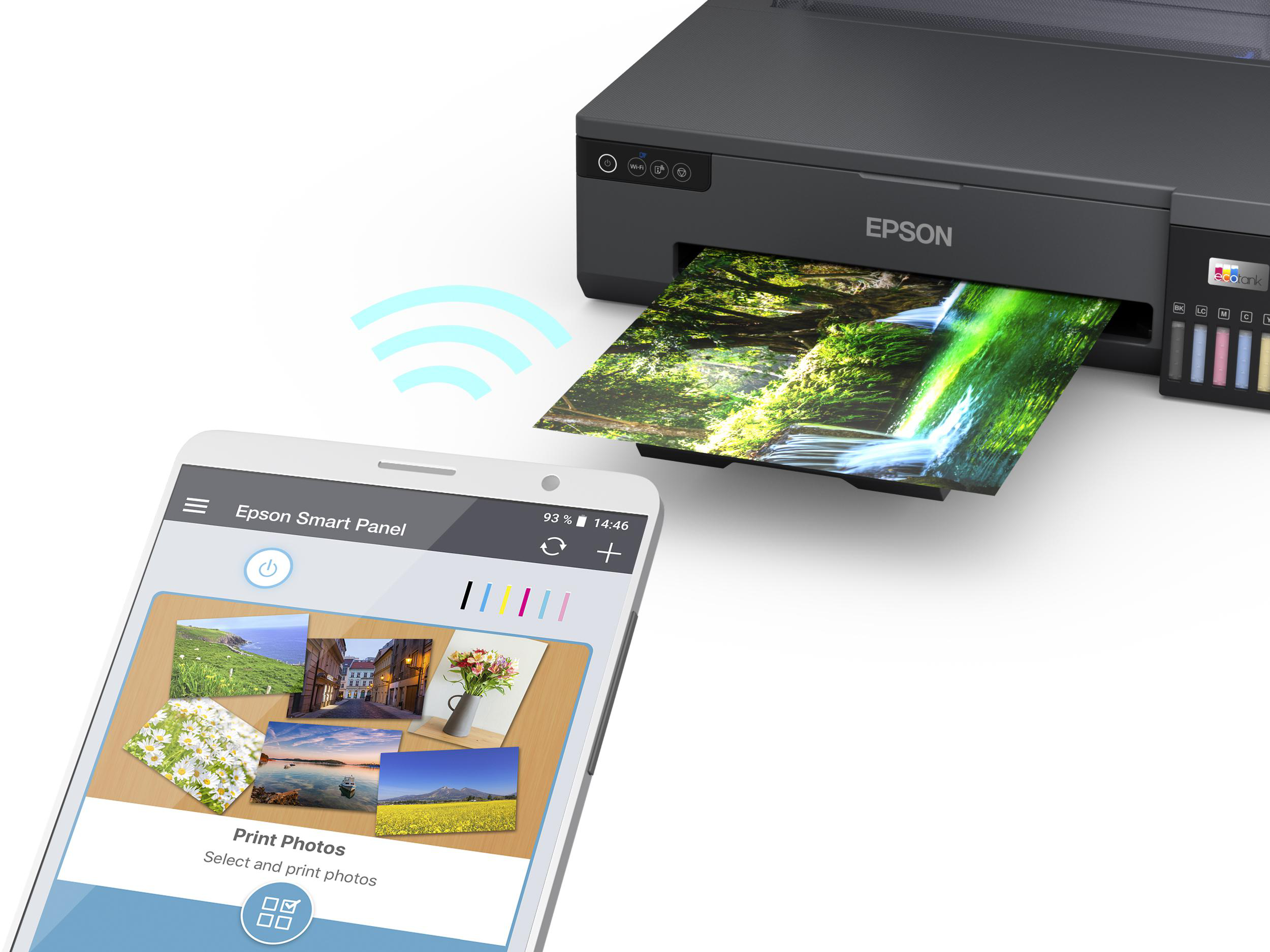 Epson-Drucker, der ein Bild druckt, mit einem Telefon, das Bilder zeigt.