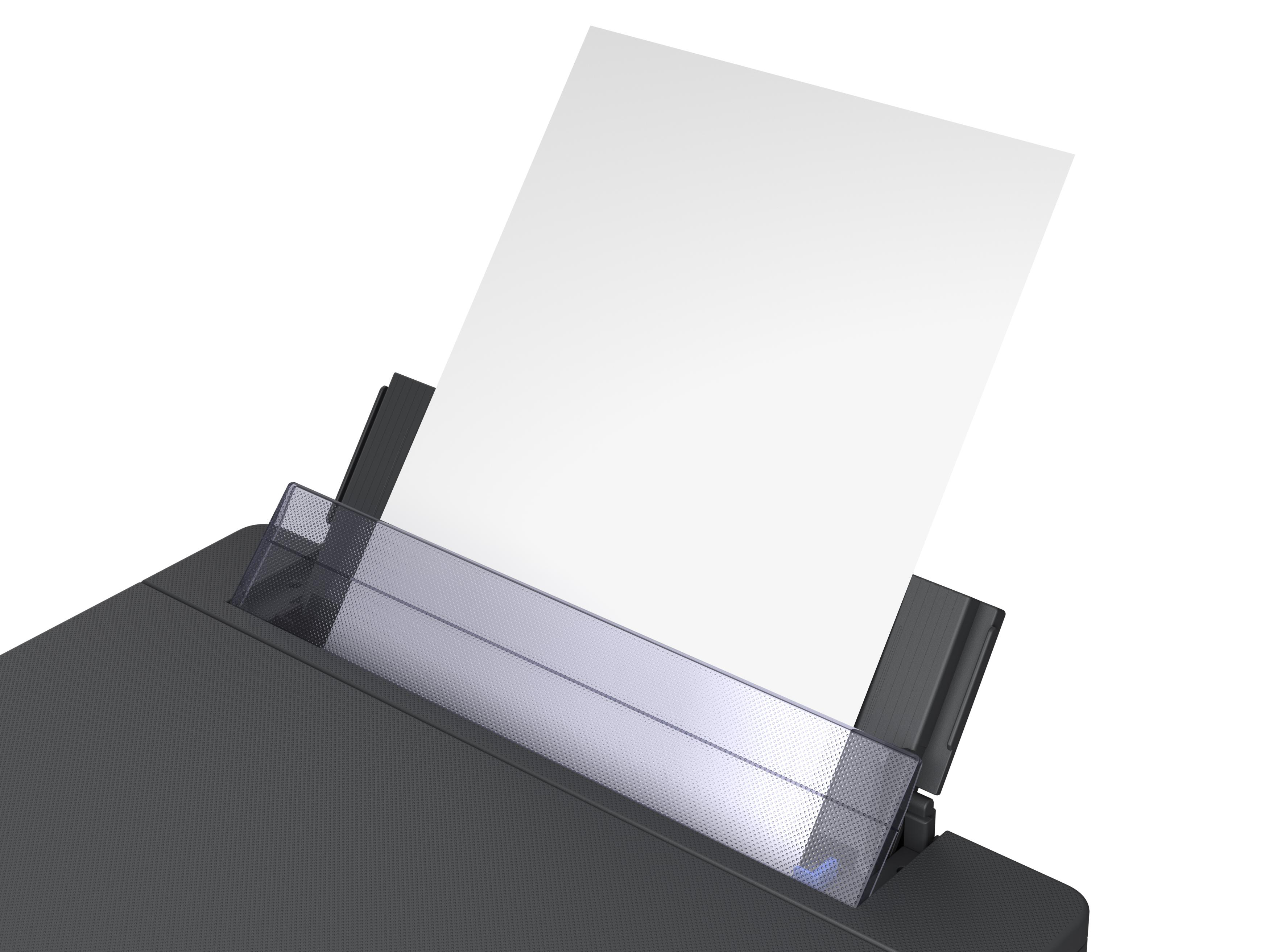 Drucker druckt ein weißes Papier. Der Drucker ist schwarz, und ein weißes Blatt kommt heraus.