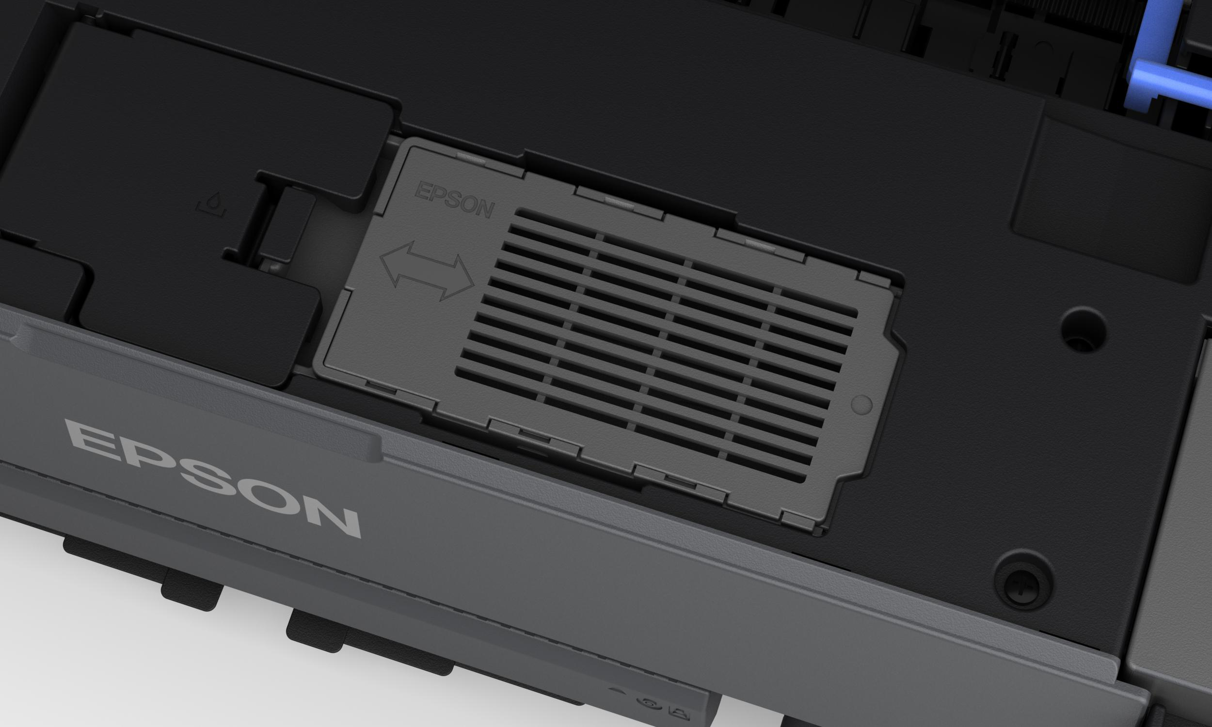 Interne Komponenten des Epson-Druckers, mit einem grauen Filter und schwarzen Teilen.