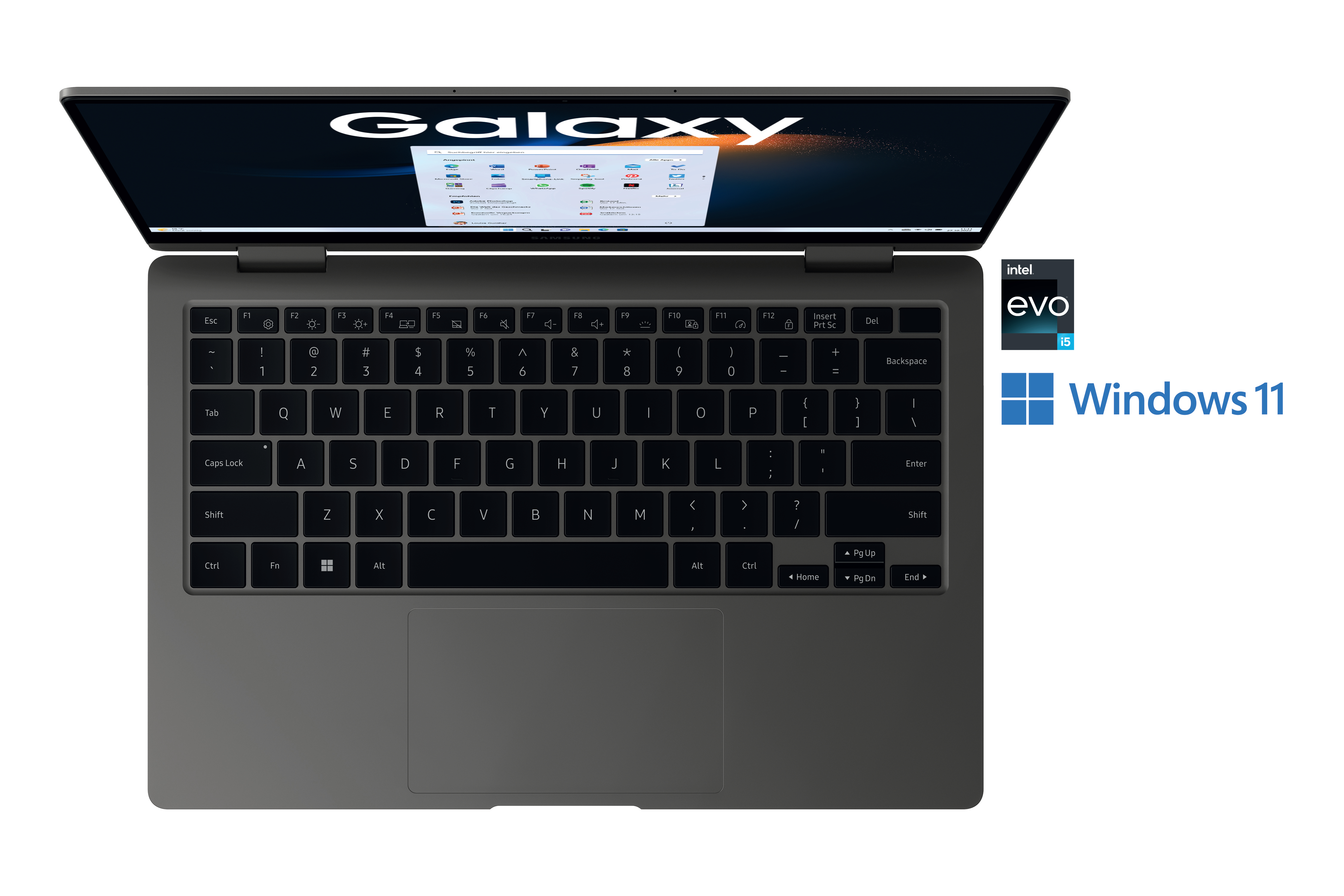 Laptop-Draufsicht, geöffnet, Tastatur sichtbar, Intel- und Windows-Logos.