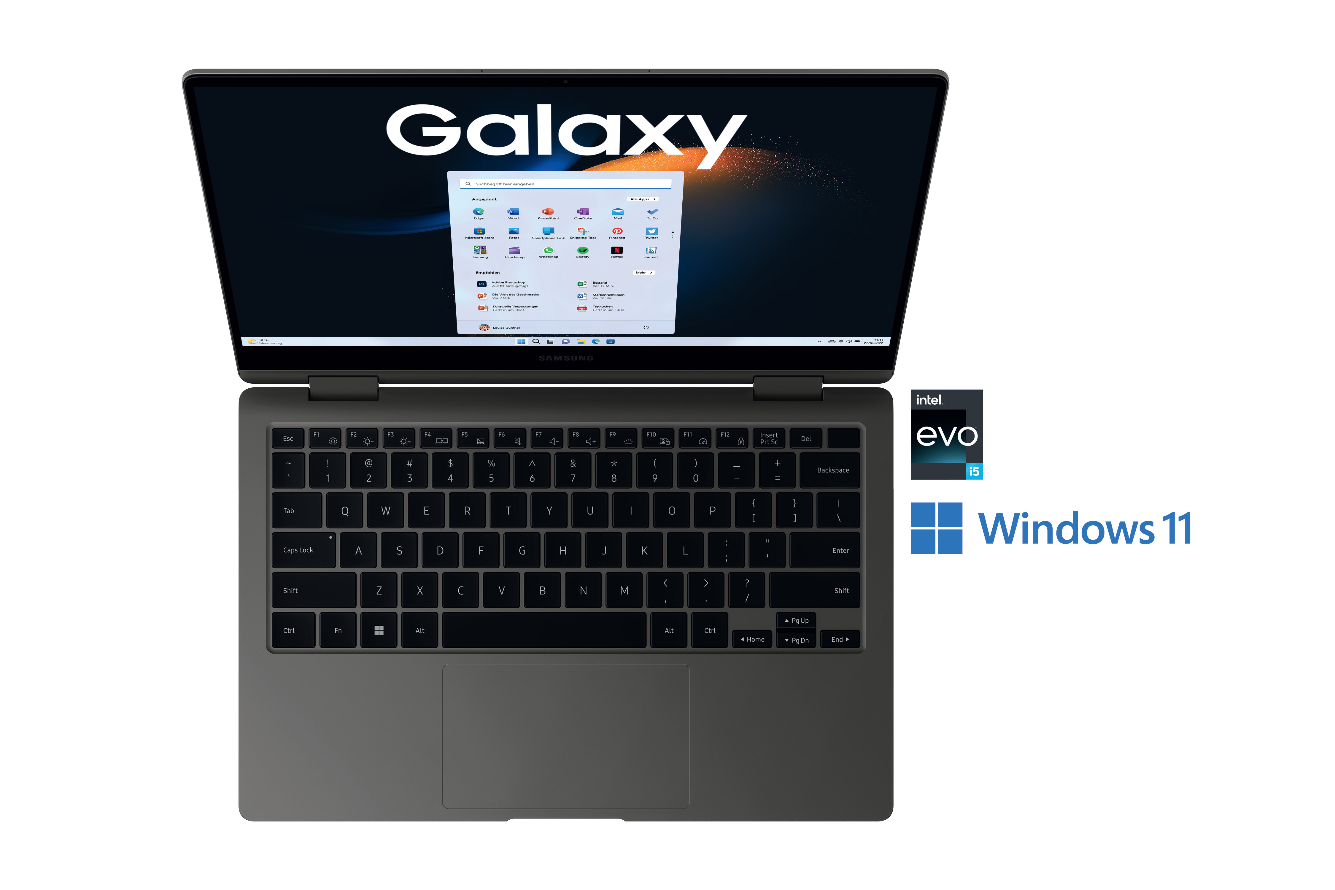 Ein Laptop mit Galaxy-Logo auf dem Bildschirm. Die Tastatur ist sichtbar, ebenso wie das Windows 11-Symbol.