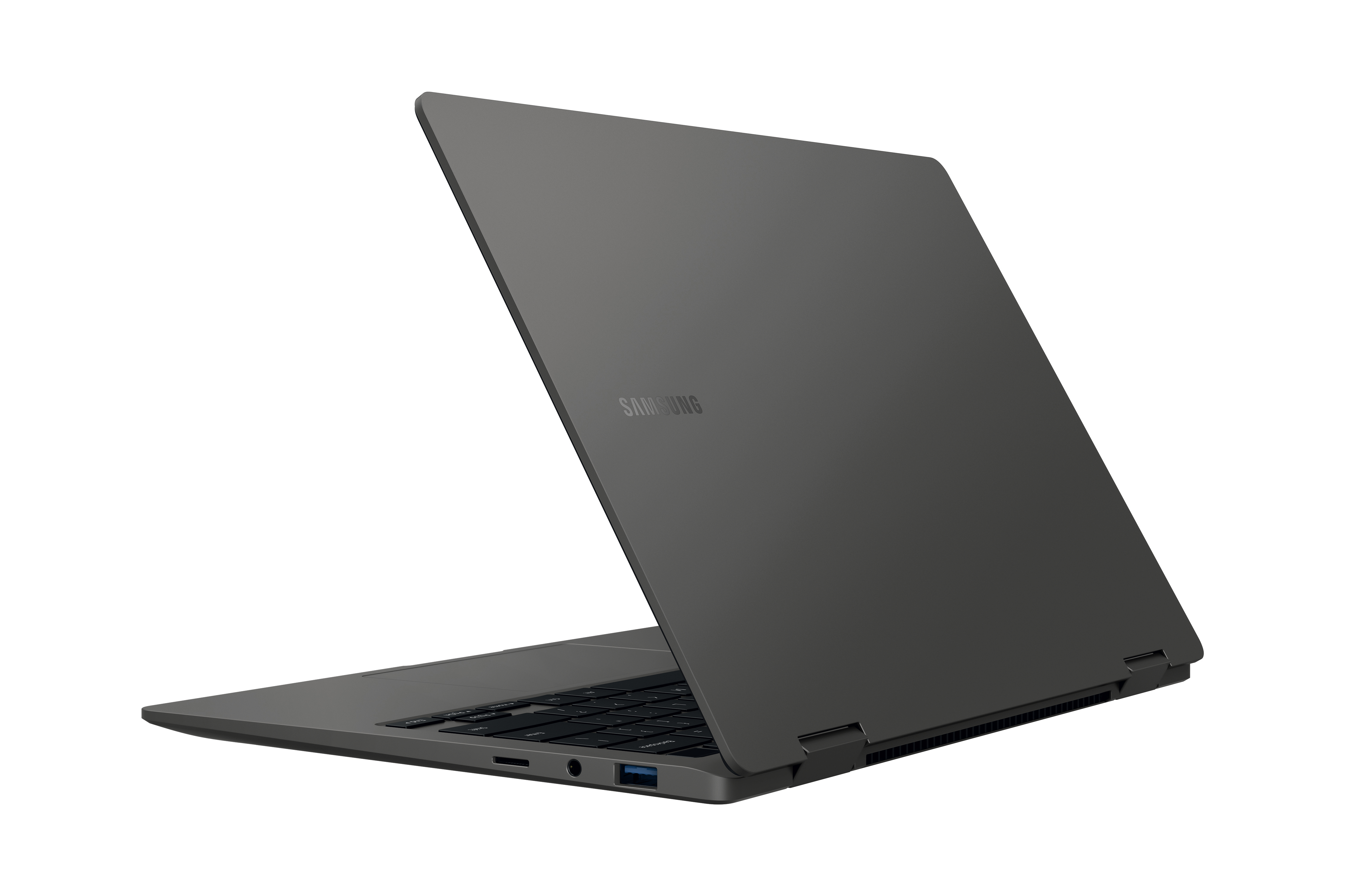 Laptop mit offenem Bildschirm und dunkelgrauer Farbe.