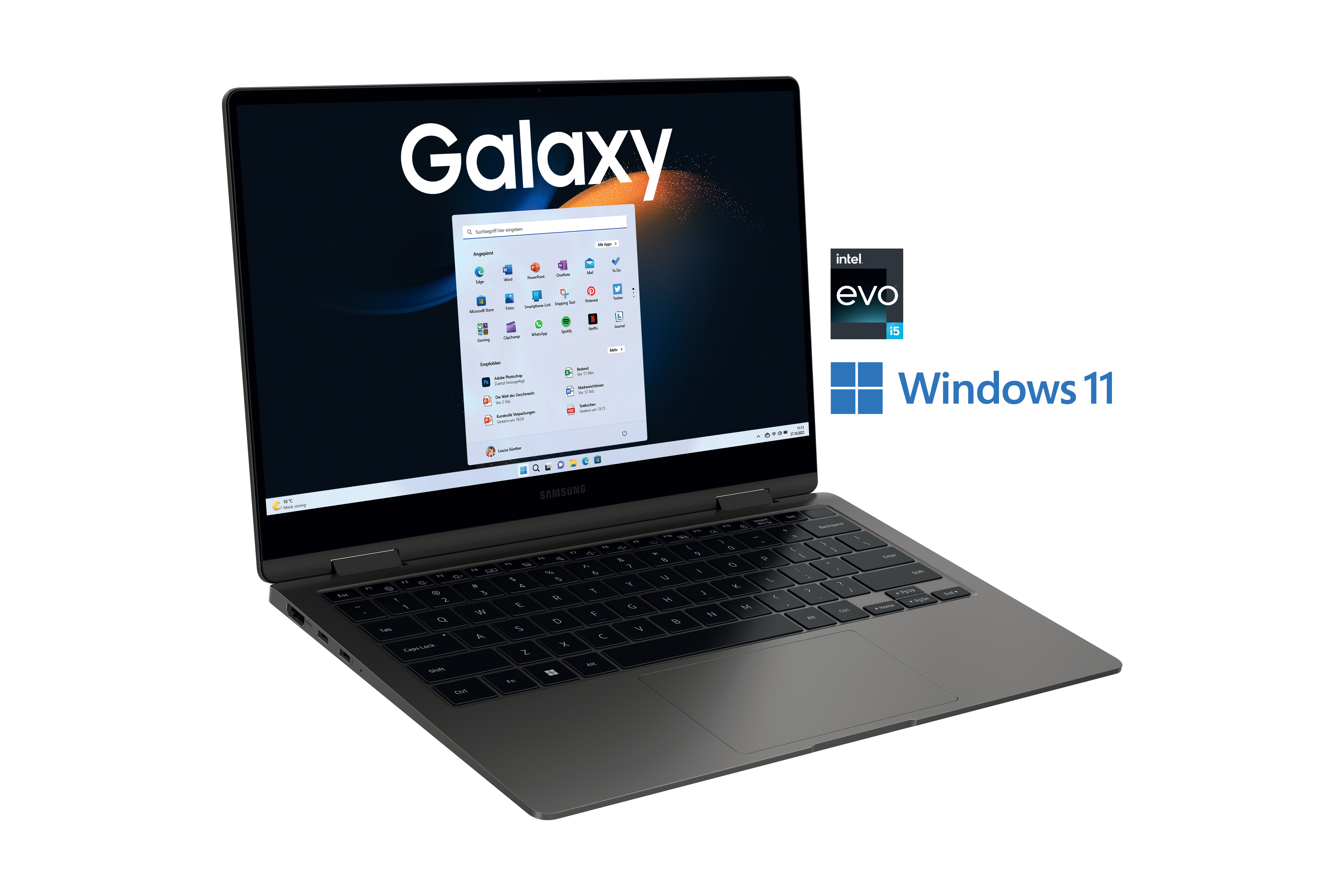 Ein silbernes Samsung Galaxy Laptop, geöffnet, zeigt Windows 11 und eine Windows-Oberfläche.