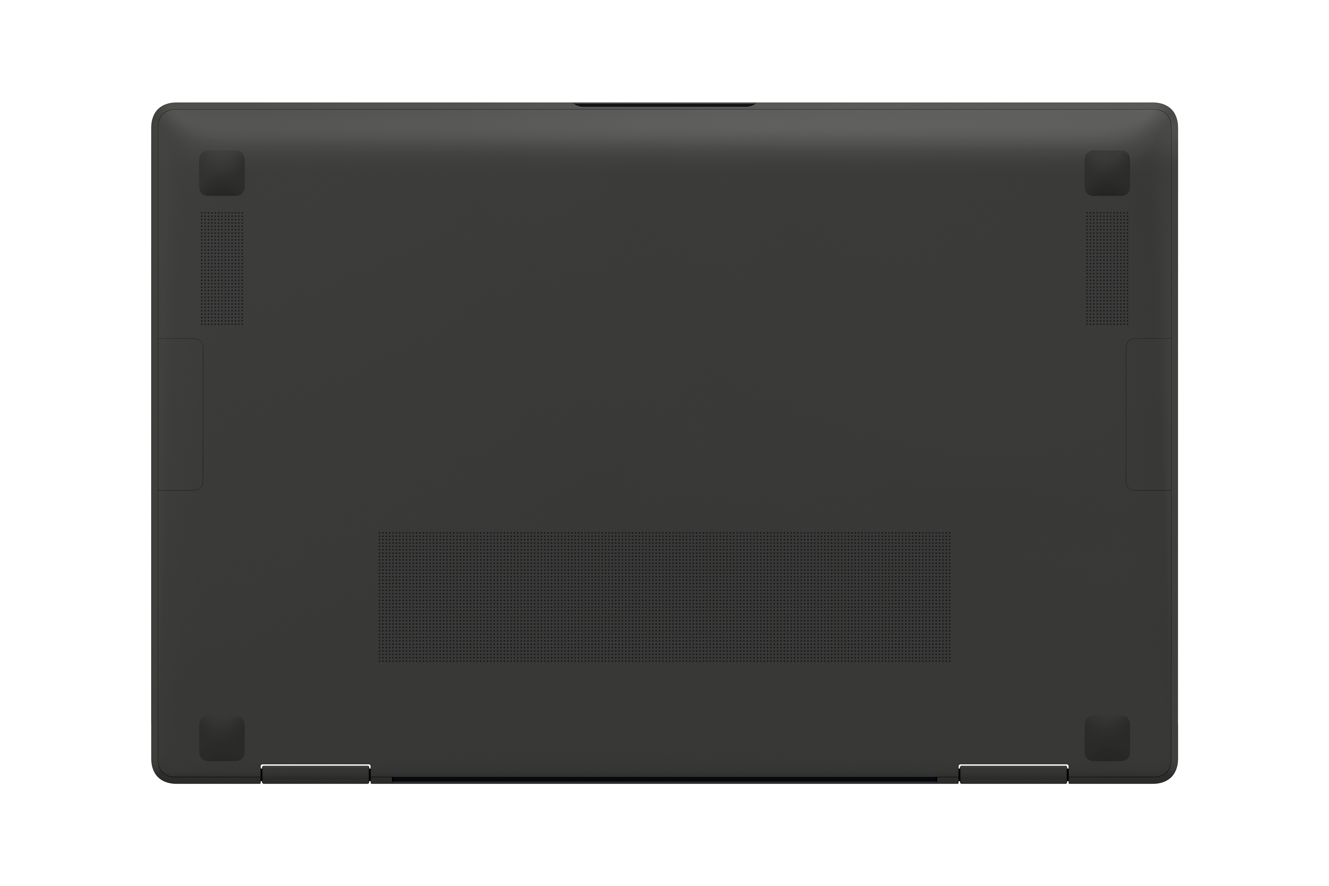 Ansicht von unten eines schwarzen Laptops. Er hat Lüftungsschlitze und vier Gummifüße. Das Material wirkt matt und glatt.