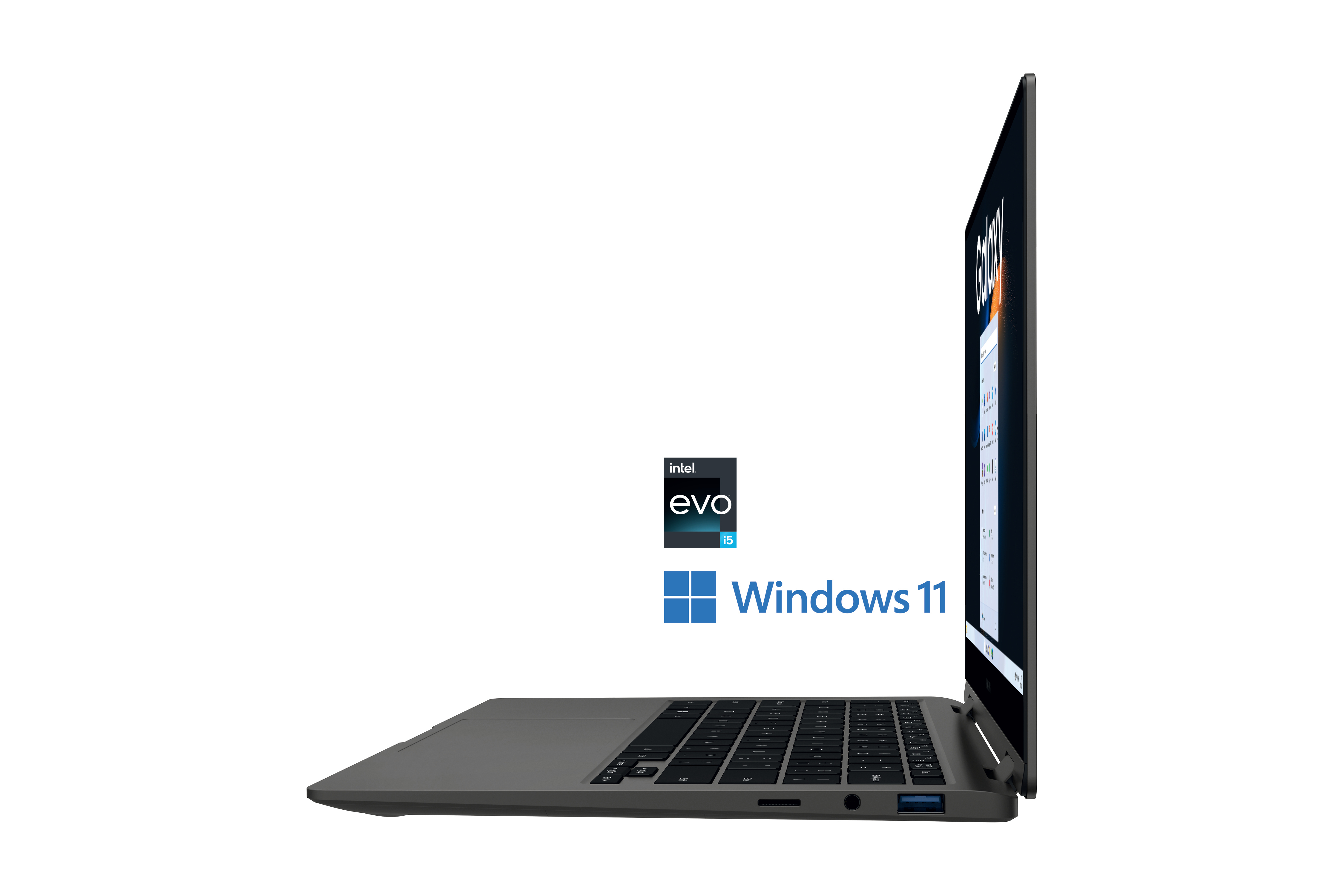 Laptop-Seitenansicht. Graue Farbe, Intel Evo und Windows 11 Logos sichtbar.