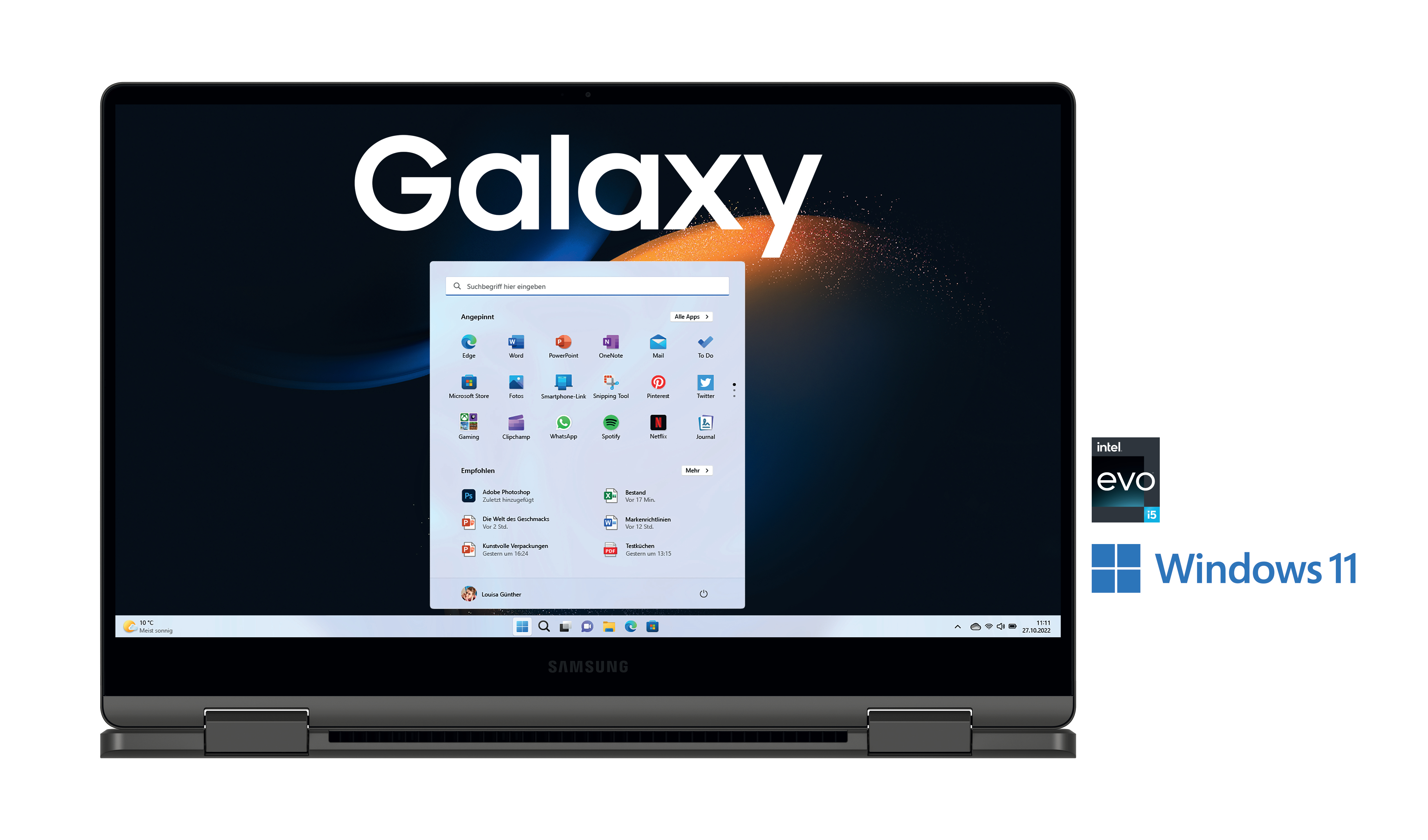 Laptop mit geöffnetem Bildschirm, der das Galaxy-Logo und die Windows 11-Oberfläche zeigt.