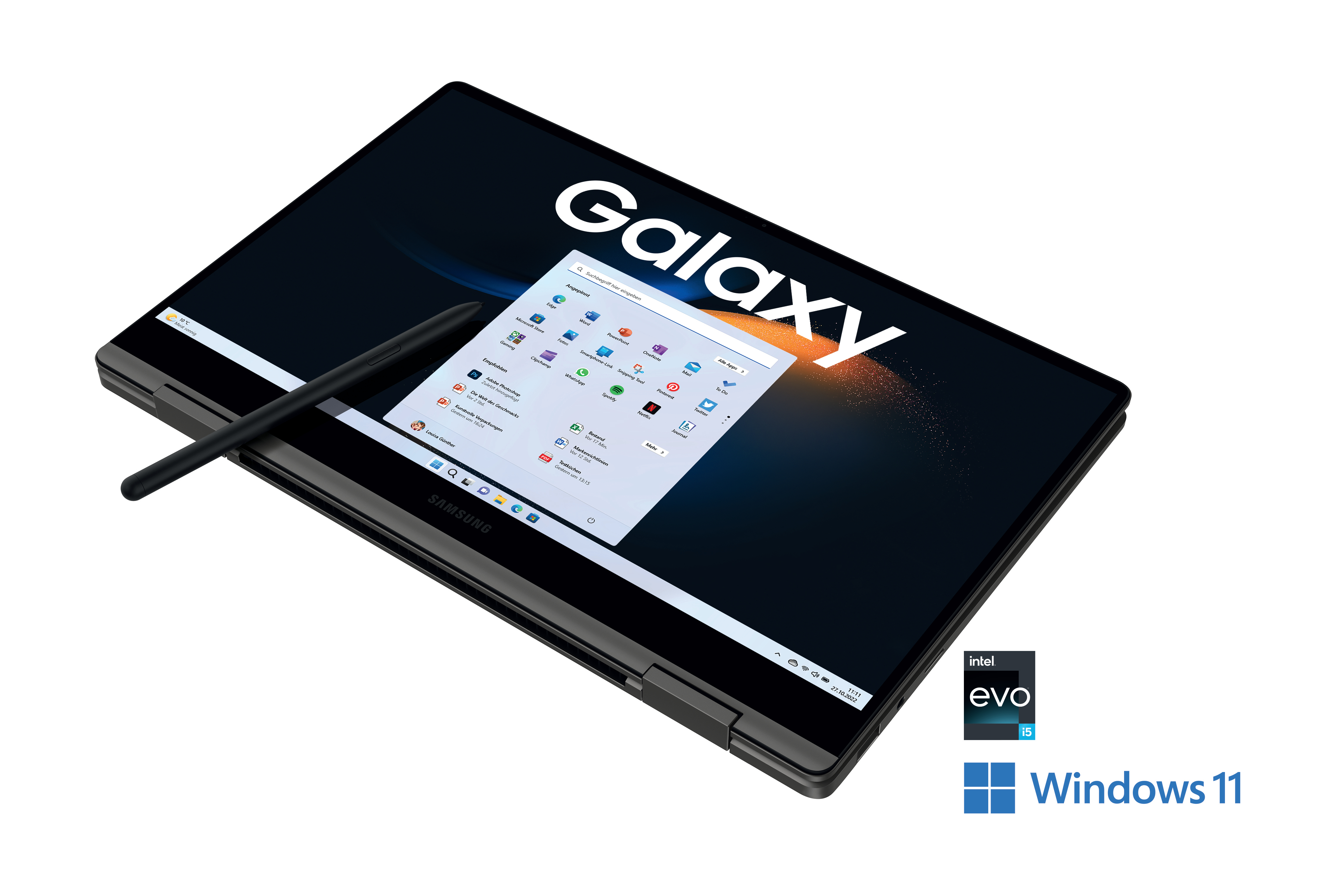 Ein Samsung Galaxy Laptop auf weißer Oberfläche. Der Bildschirm zeigt Windows 11.