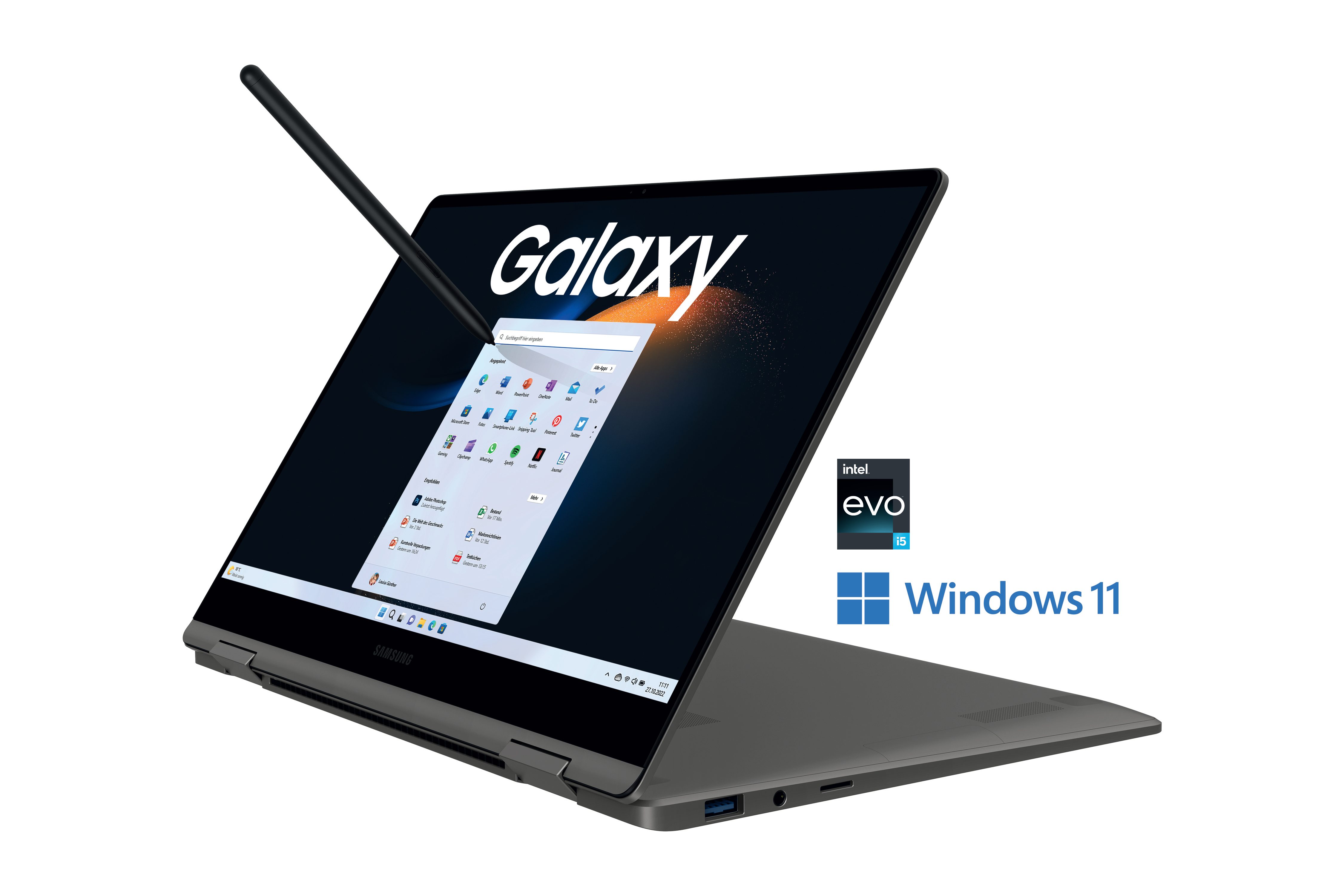 Ein Samsung Galaxy Laptop mit Stift, geöffnet, zeigt das Windows 11 Startmenü und das Intel Evo-Abzeichen.