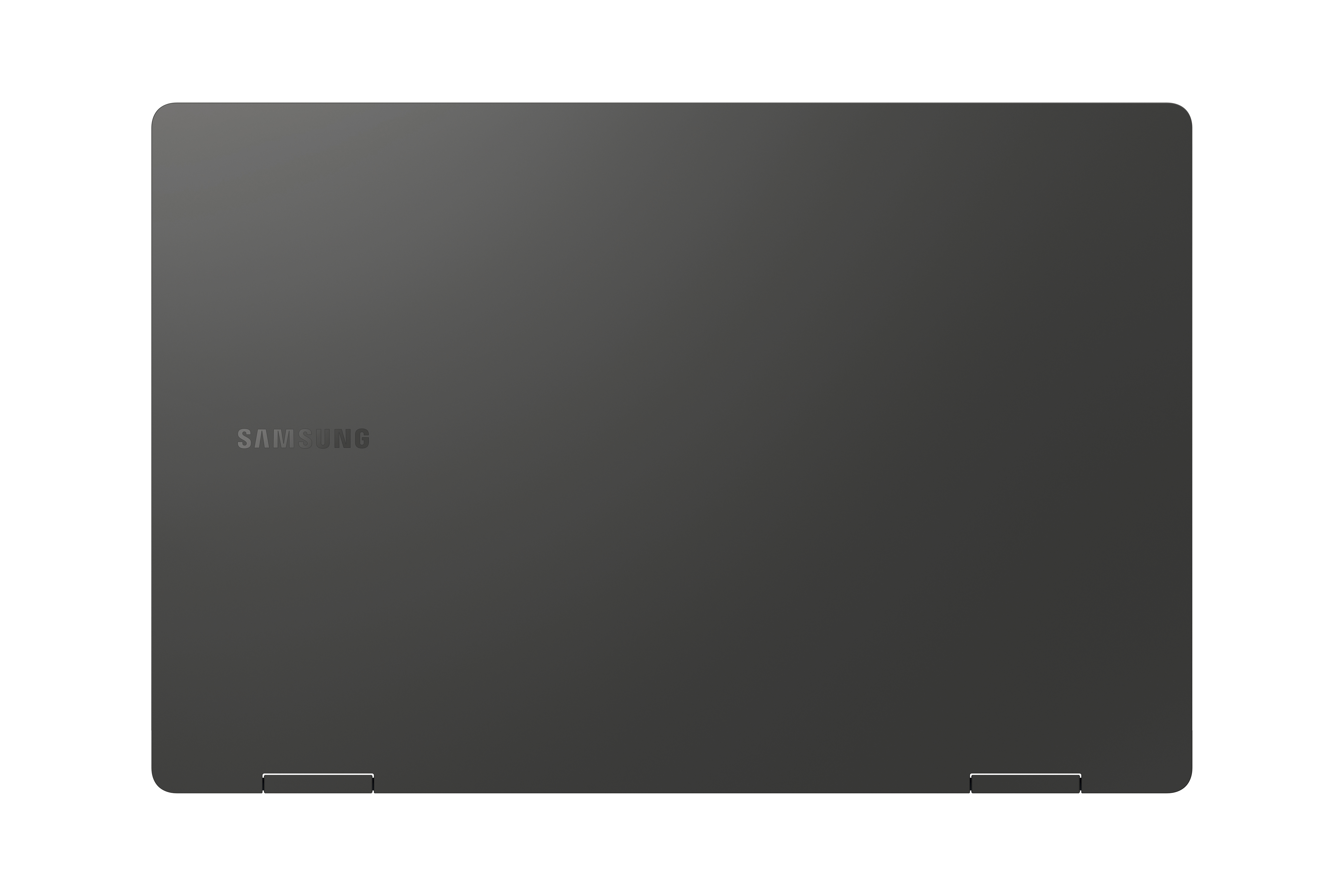 Laptop mit Samsung-Logo auf dem geschlossenen Deckel, dunkelgraue Farbe.