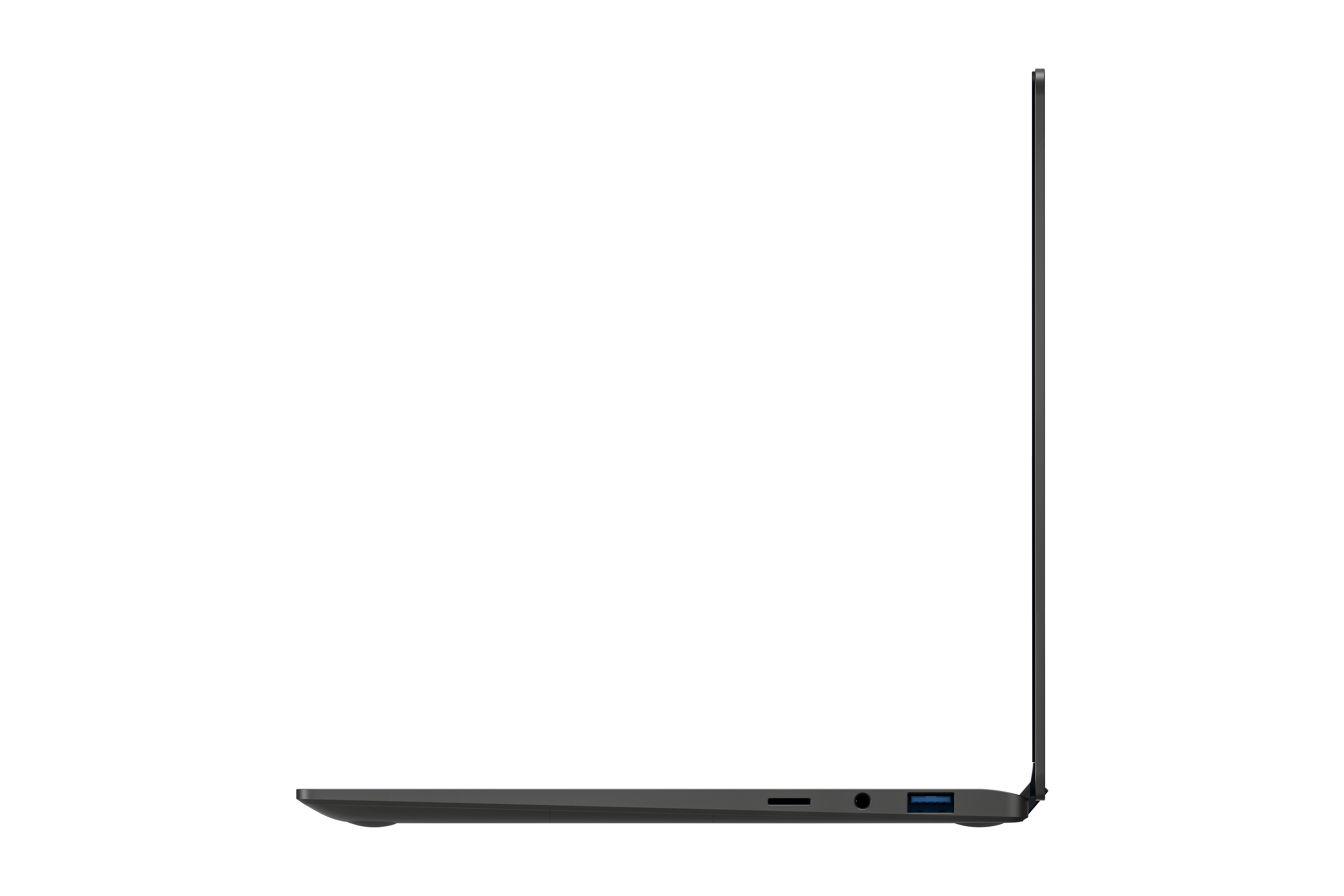 Seitenansicht eines schwarzen Laptops. Zeigt Anschlüsse an der Seite. Weißer Hintergrund.