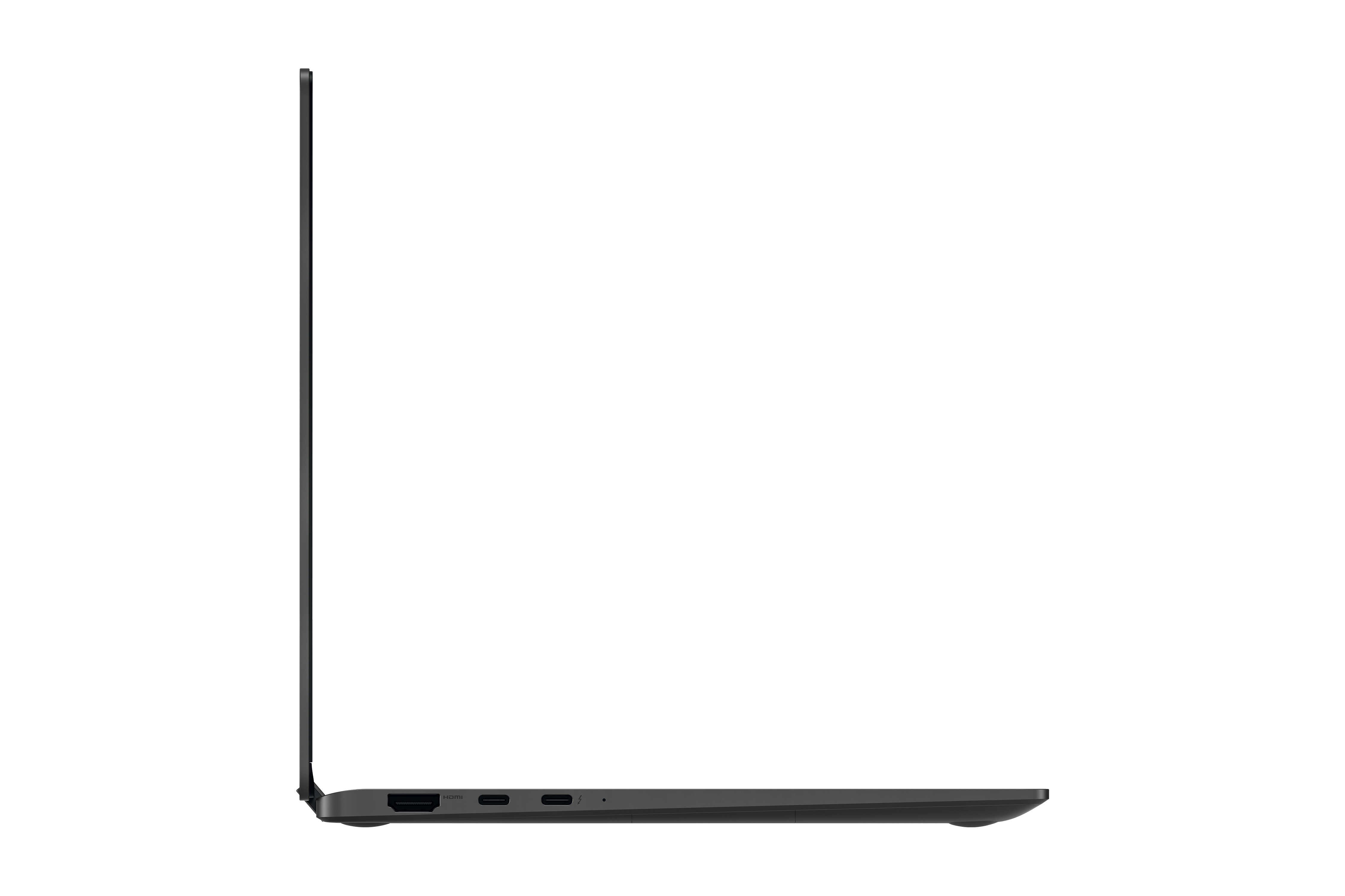 Seitenansicht eines dunkelgrauen Laptops, der das Seitenprofil mit Anschlüssen und ein schlankes Design zeigt.