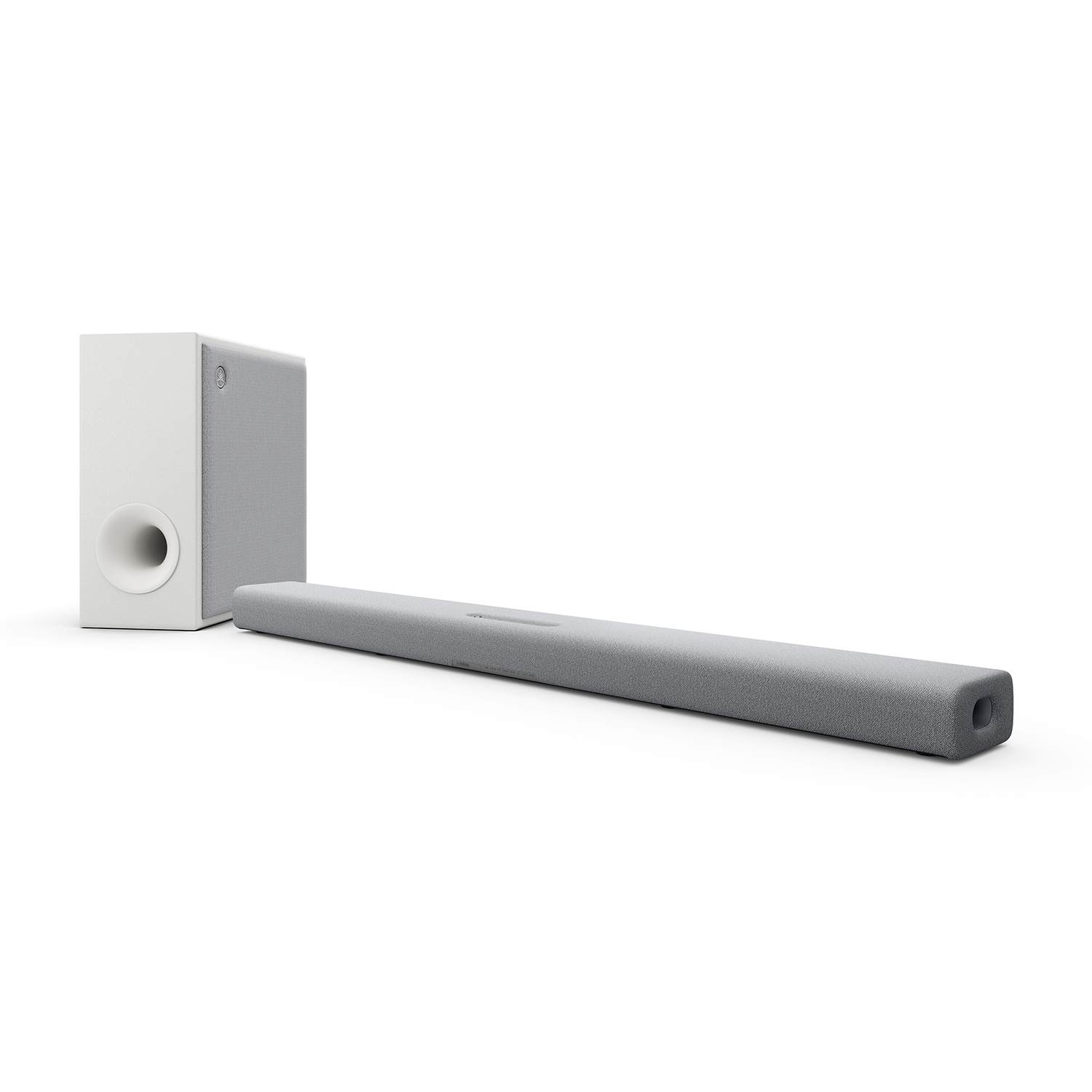 Una soundbar e un subwoofer grigi su sfondo bianco.