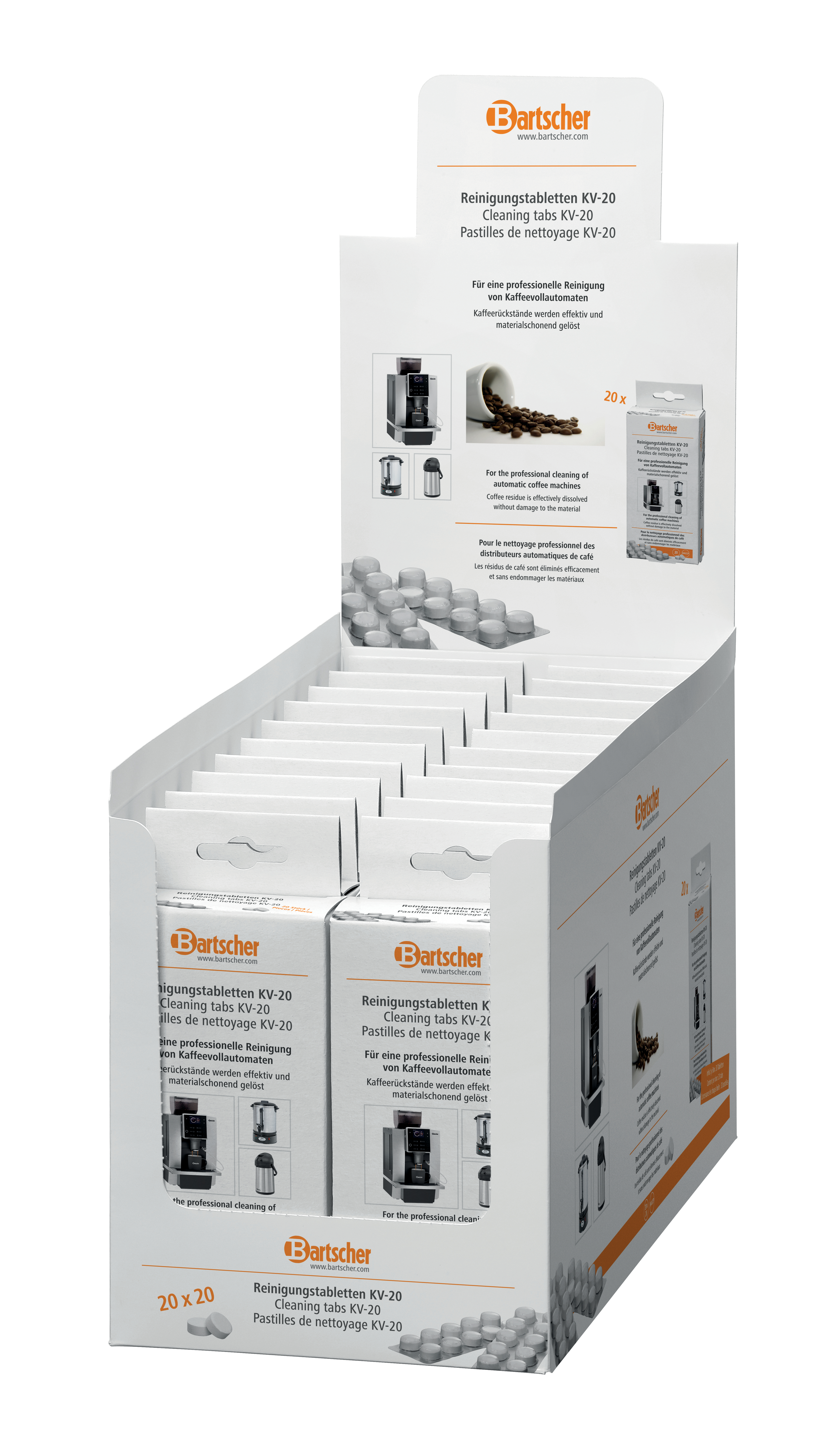 Box mit Reinigungstabletten für Kaffeemaschinen, mit Produktdetails und Bildern. Weiße und orangefarbene Verpackung.