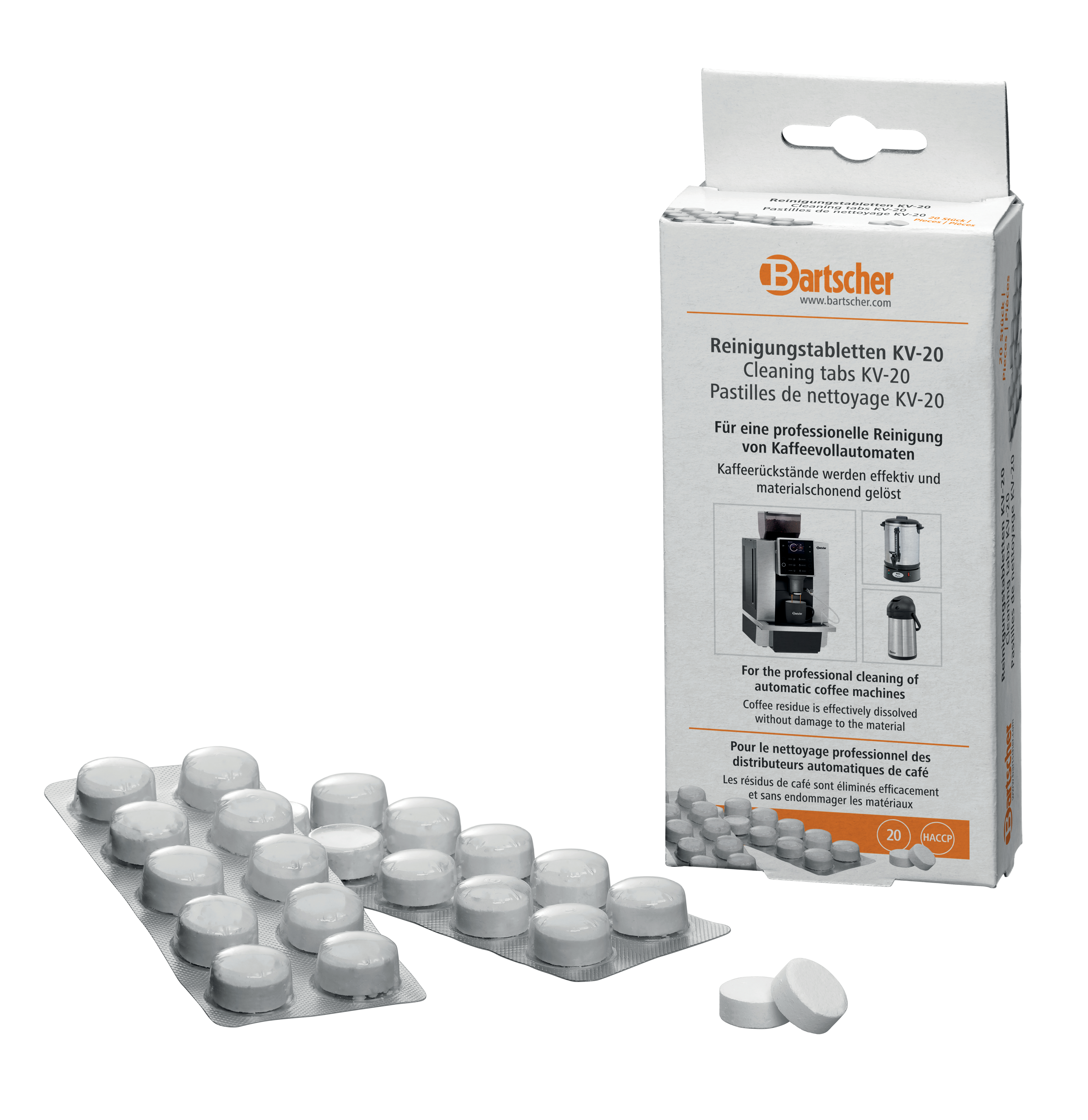 Eine Schachtel mit Reinigungstabletten für Kaffeemaschinen, mit Blisterpackung und losen Tabletten.