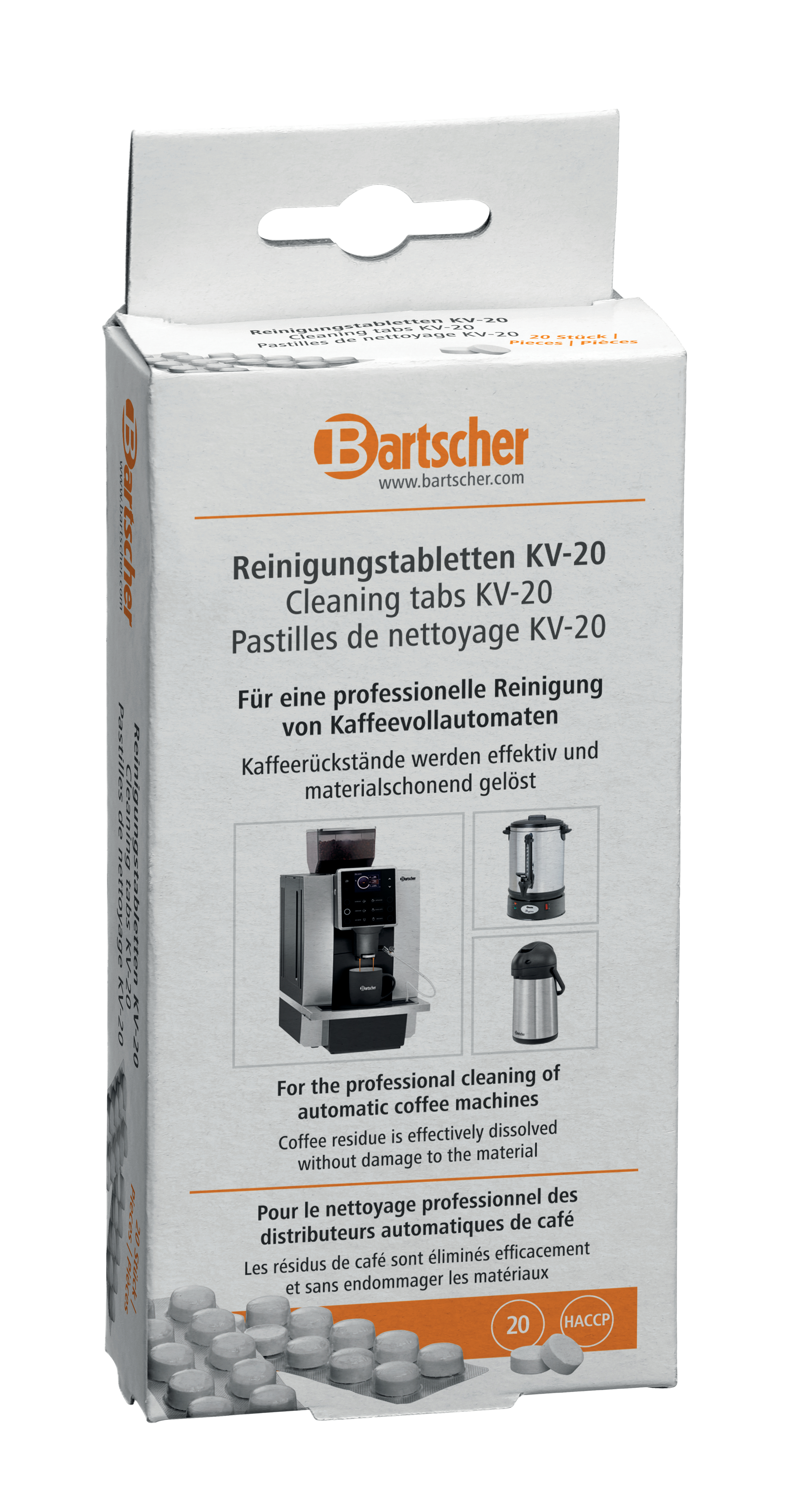 Schachtel mit Reinigungstabletten für Kaffeemaschinen. Die Schachtel ist weiß und trägt den Markennamen 'Bartscher'.