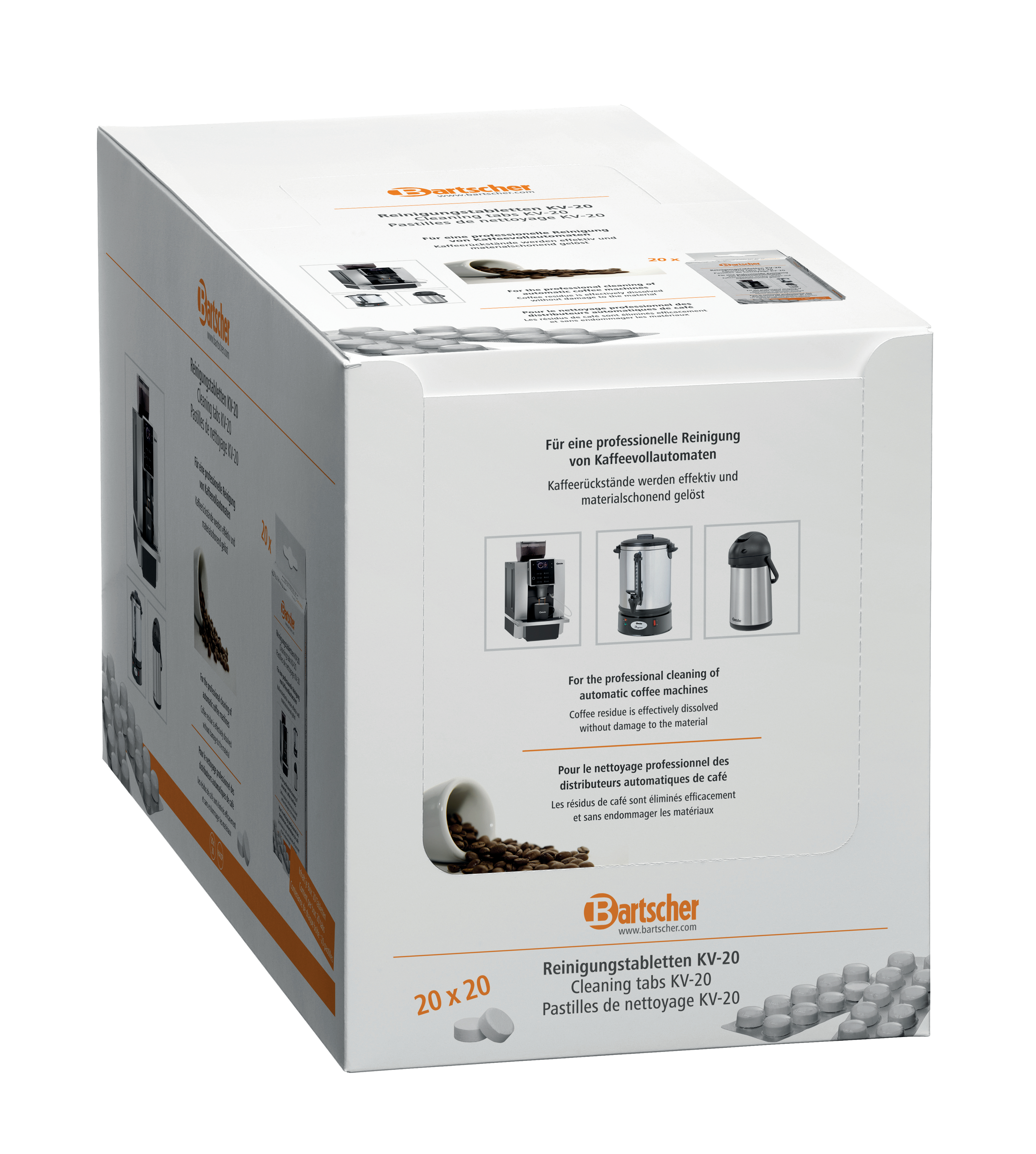 Schachtel mit Reinigungstabletten für Kaffeemaschinen. Mit Text und Bildern von Kaffeemaschinen.