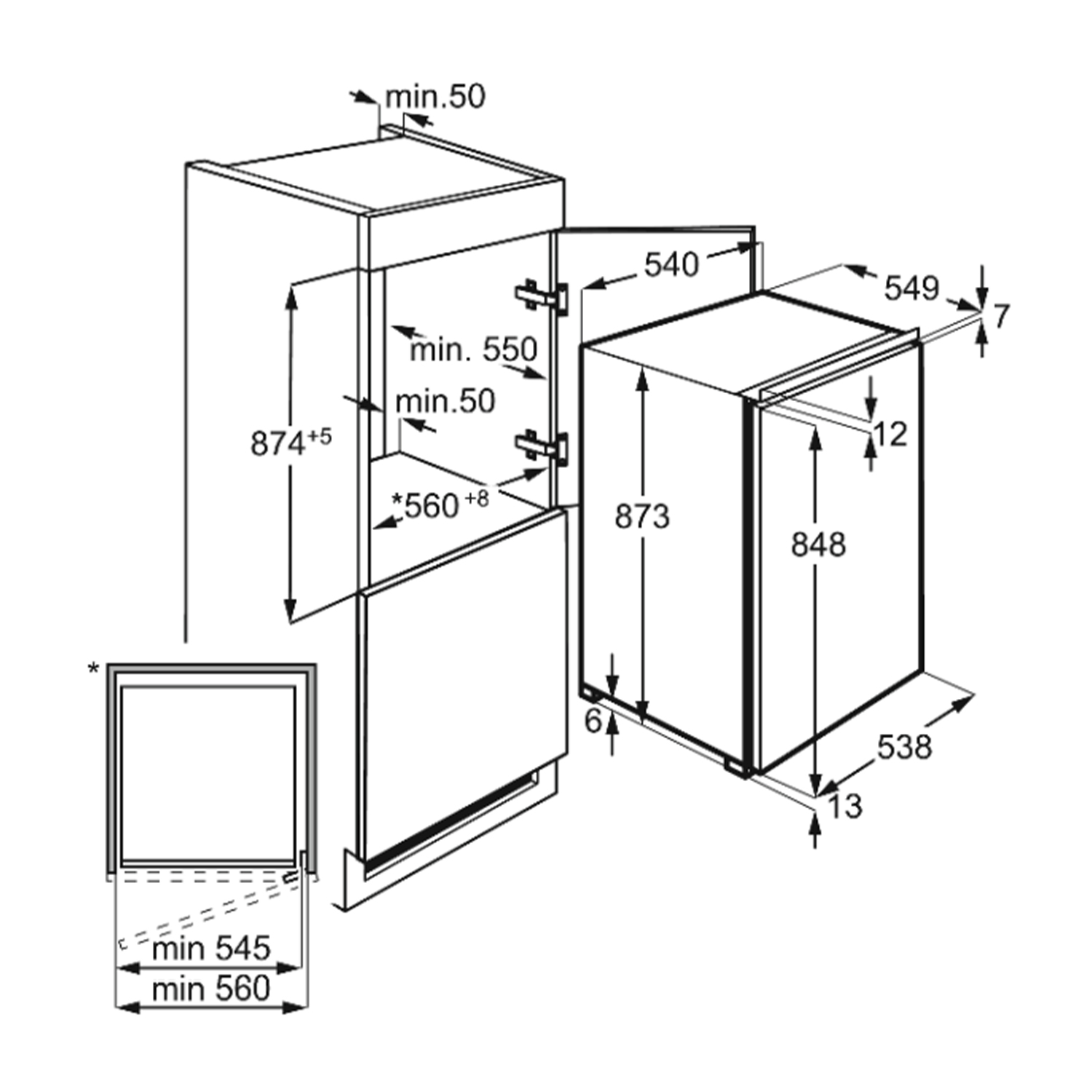 Disegno tecnico di un frigorifero con dimensioni. Mostra i componenti e le misure del frigorifero.
