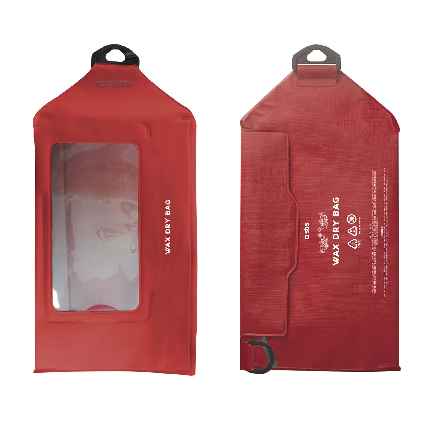 Borsa asciutta impermeabile rossa con finestra trasparente e manico nero.