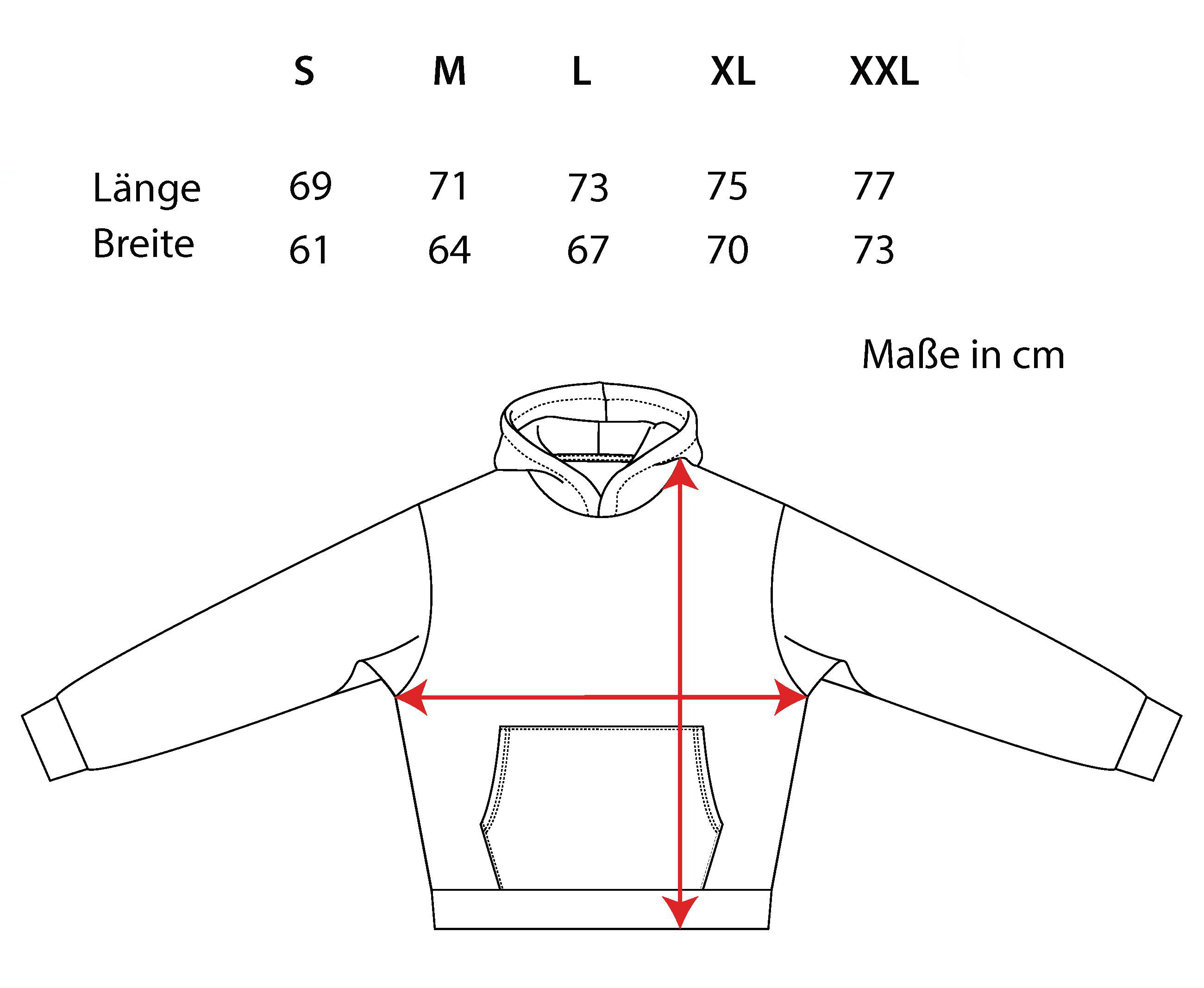 Ein Diagramm, das die Abmessungen eines Hoodies mit Maßen in Zentimetern veranschaulicht.