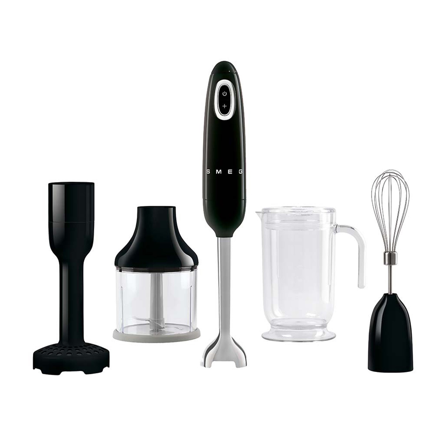 Set di utensili da cucina neri, tra cui frullatore, tritatutto, bicchiere e frusta. Sfondo bianco.